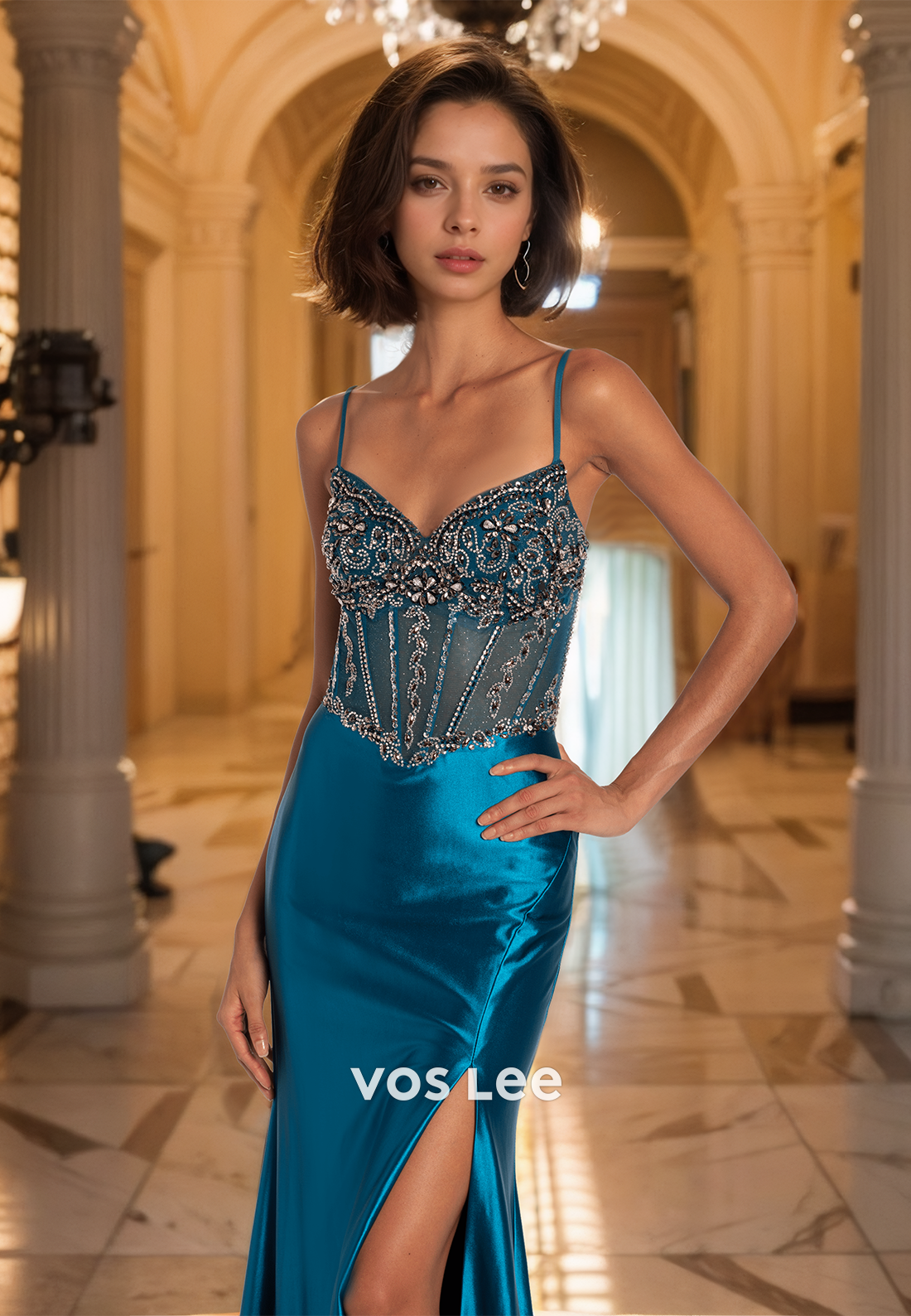 Graceful Sheath V Neck Spaghetti Straps Lace Up Beaded Sequins Satin Prom Party Dress with Split