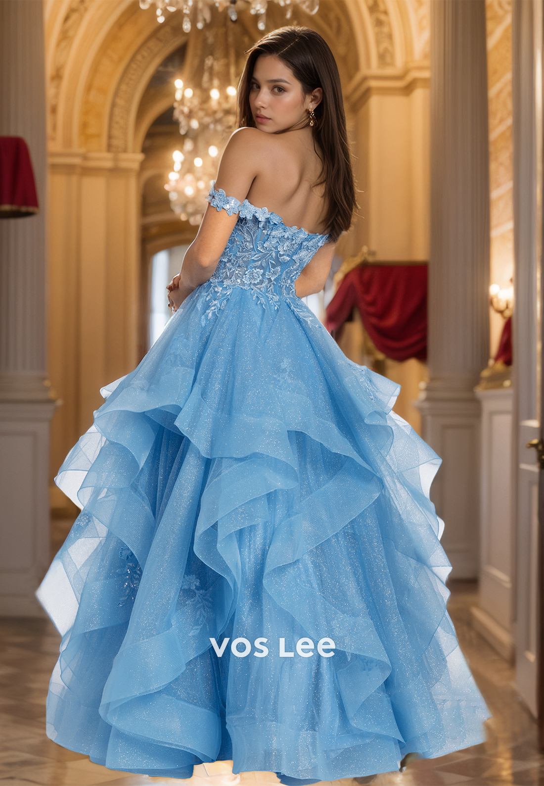 Gorgeous A-Line Off Shoulder Sleeveless Back Zipper Lace Appliques Sequins Tulle Prom Birthday Dress Glitter