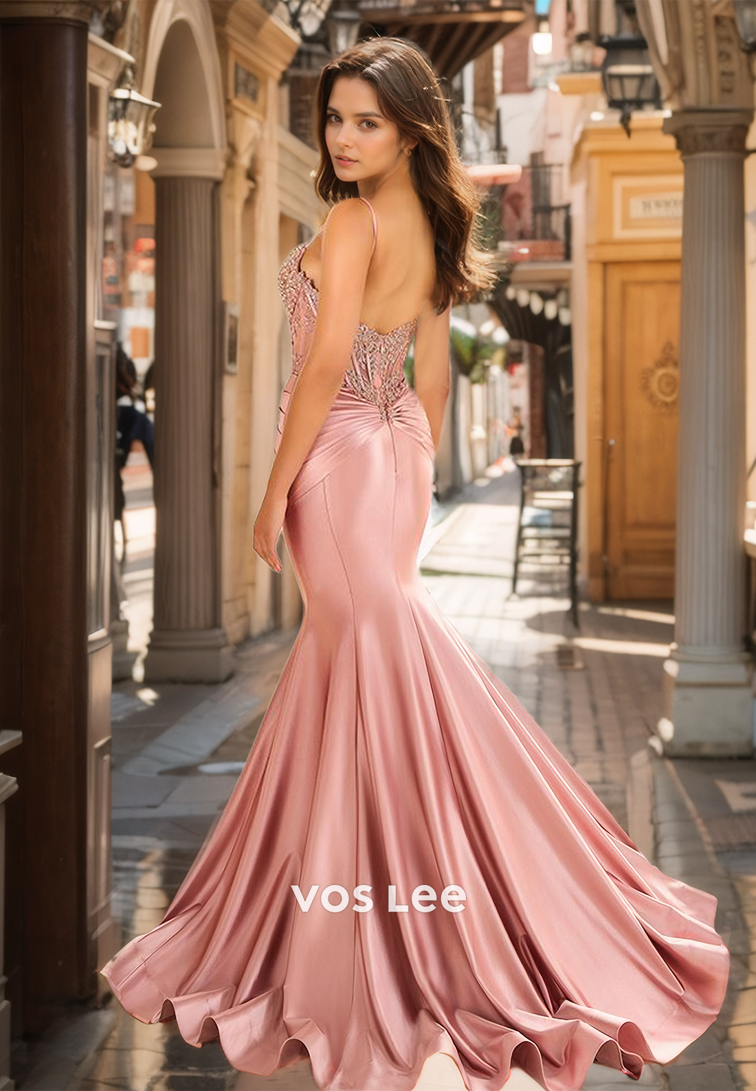 Unique Column V Neck Spaghetti Straps Lace Appliques Sequins Ruched Sweep Train Satin Prom Party Dress