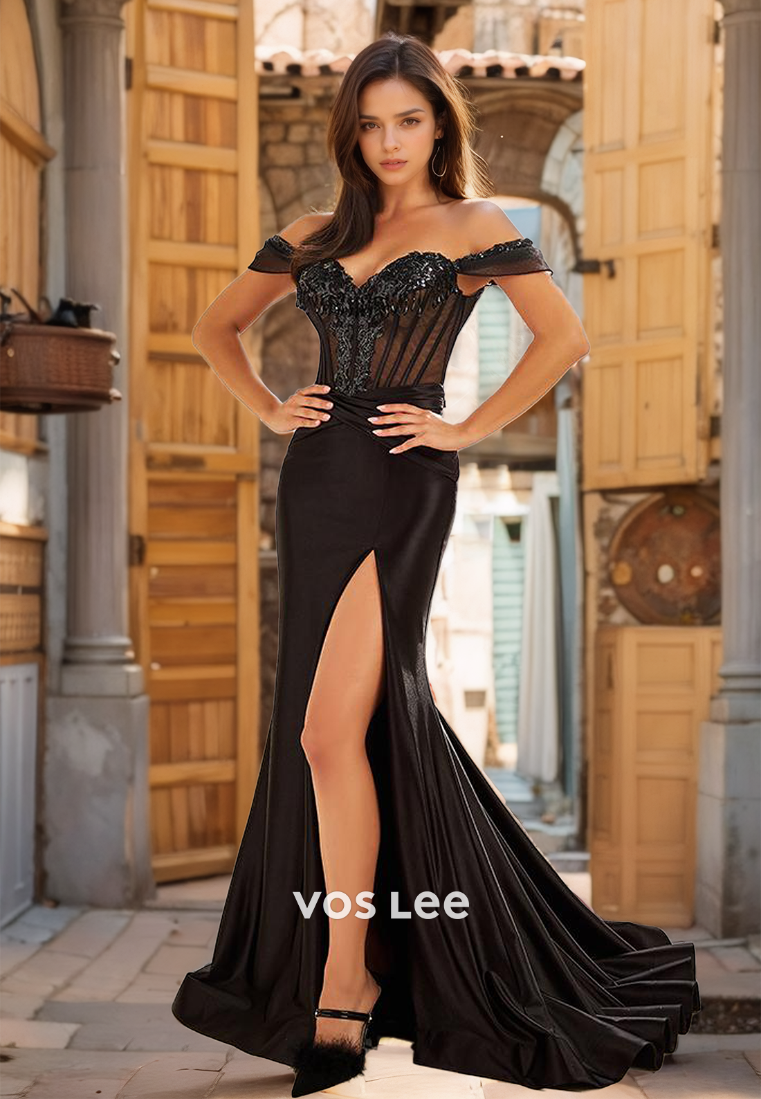 Vintage Off Shoulder Column Mermaid Illusion Lace Appliques Sleeveless Satin Prom Dress with Split