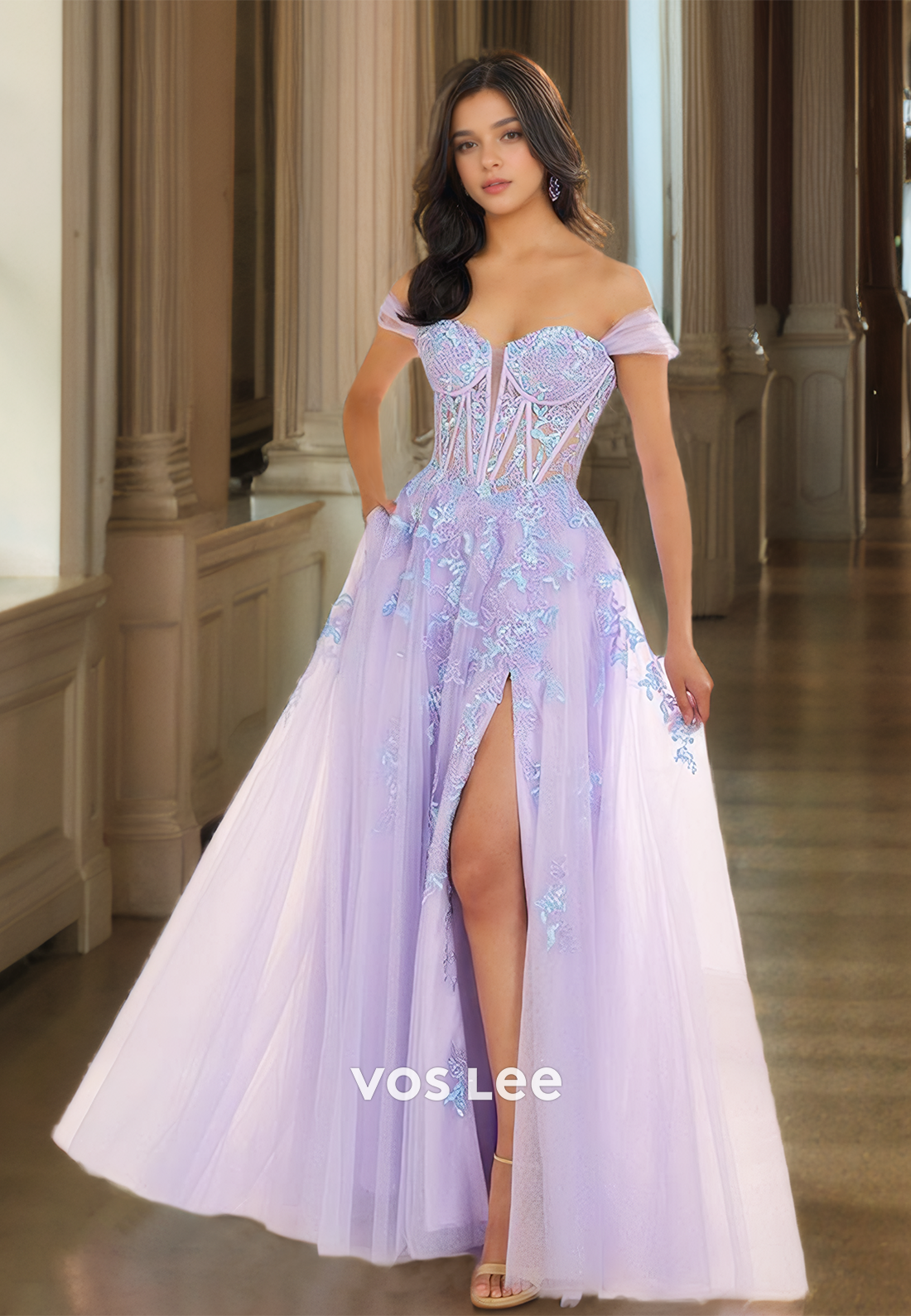 Graceful Off Shoulder A-Line Lace Up Appliques Side Split Draped Tulle Prom Evening Dress