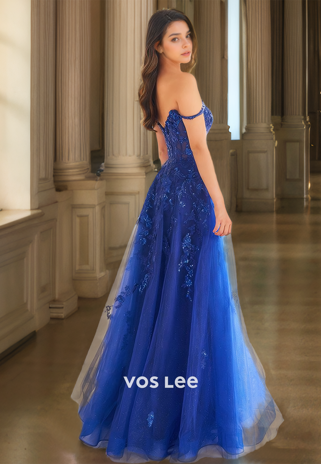 Unique V Neck A-Line Spaghetti Straps Back Zipper Sweep Train Lace Appliques Tulle Prom Party Dress