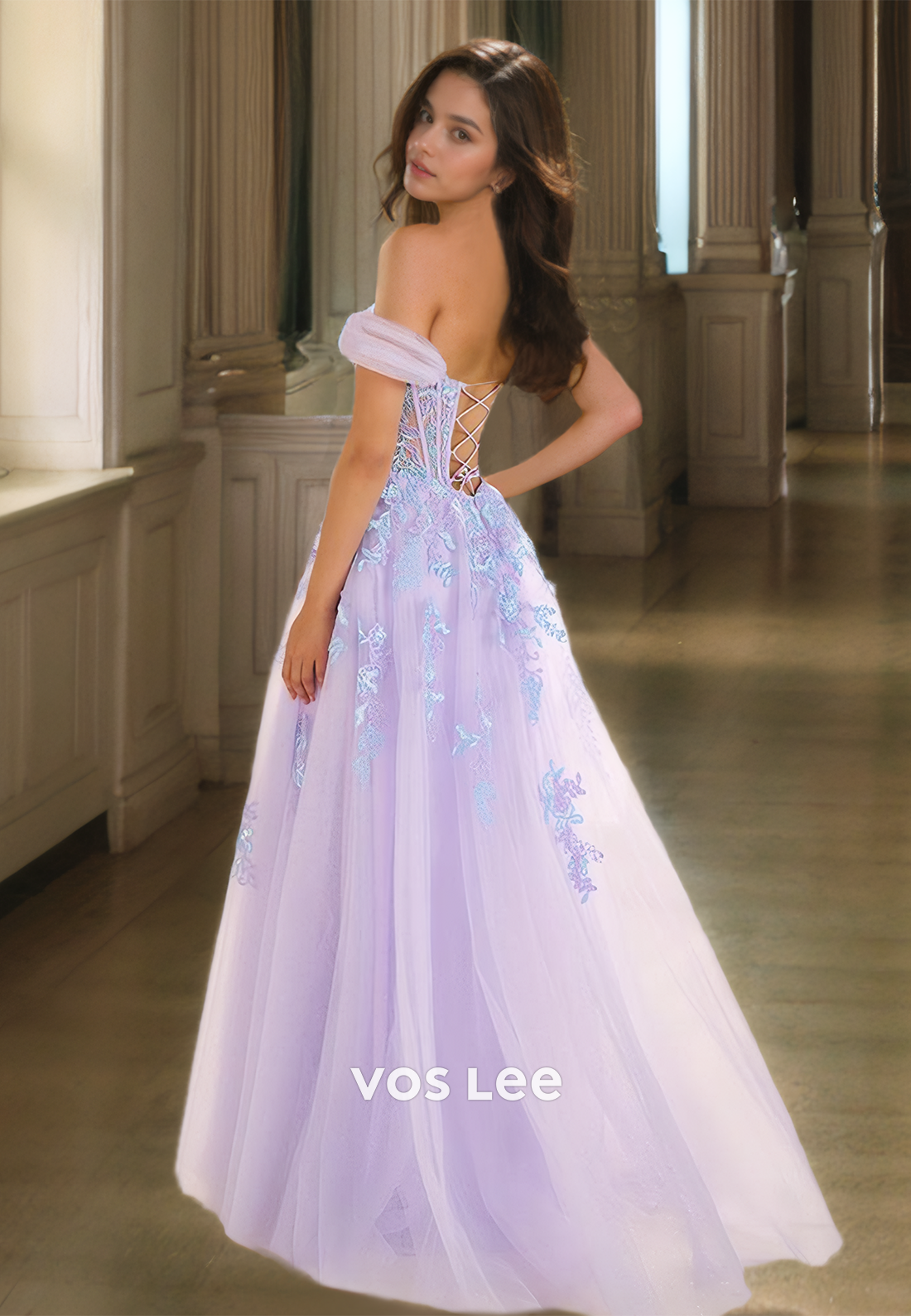 Graceful Off Shoulder A-Line Lace Up Appliques Side Split Draped Tulle Prom Evening Dress