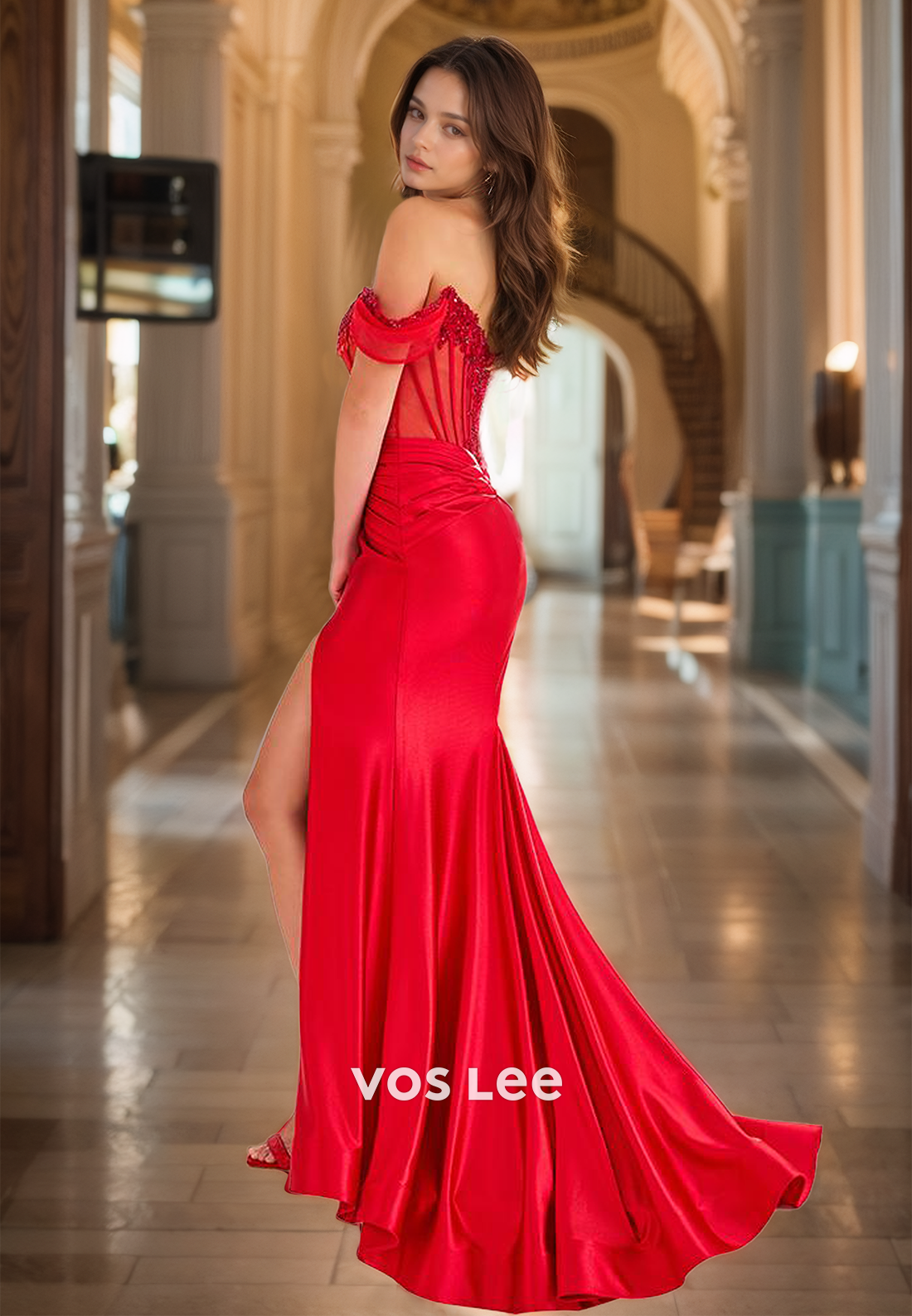 Vintage Off Shoulder Column Mermaid Illusion Lace Appliques Sleeveless Satin Prom Dress with Split