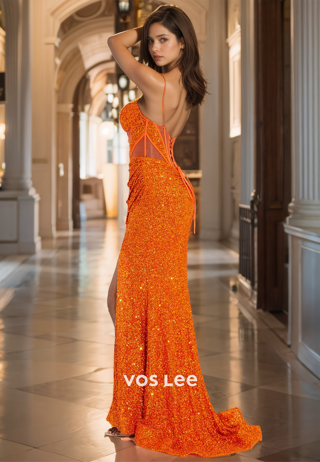 Graceful Column Sweetheart Spaghetti Straps Lace Up Illusion Side Split Sequins Prom Party Dress
