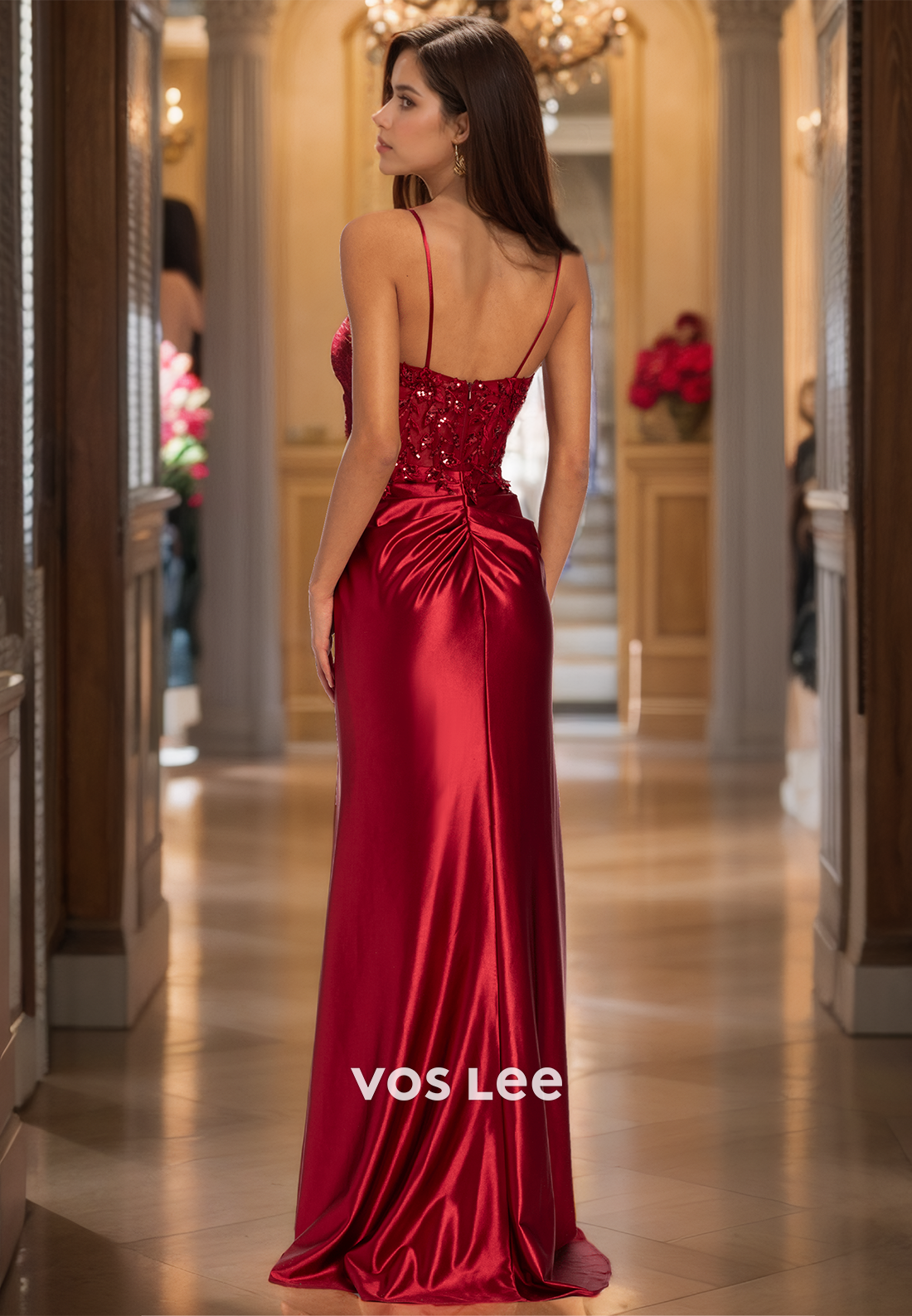 Sexy Column V Neck Spaghetti Straps Sleeveless Lace Appliques Sequins Satin Prom Formal Dress with Split