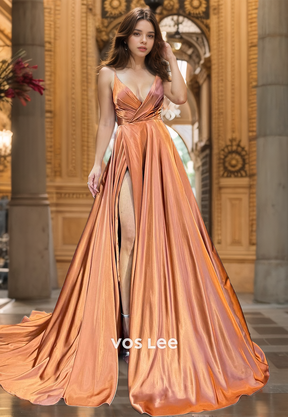 Modest A-Line Deep V Neck Spaghetti Straps High Split Ruched Satin Prom Evening Dress