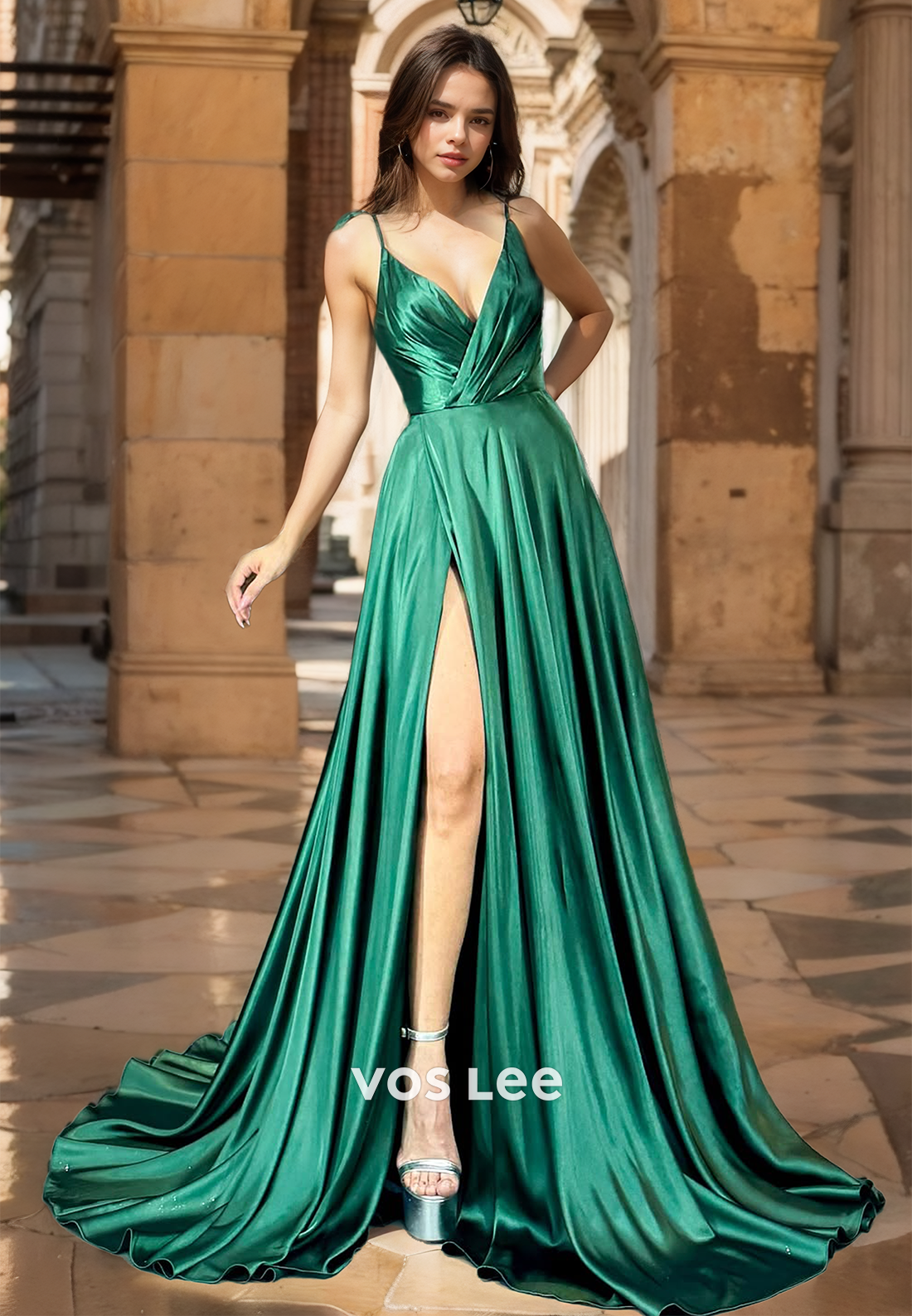 Modest A-Line Deep V Neck Spaghetti Straps High Split Ruched Satin Prom Evening Dress