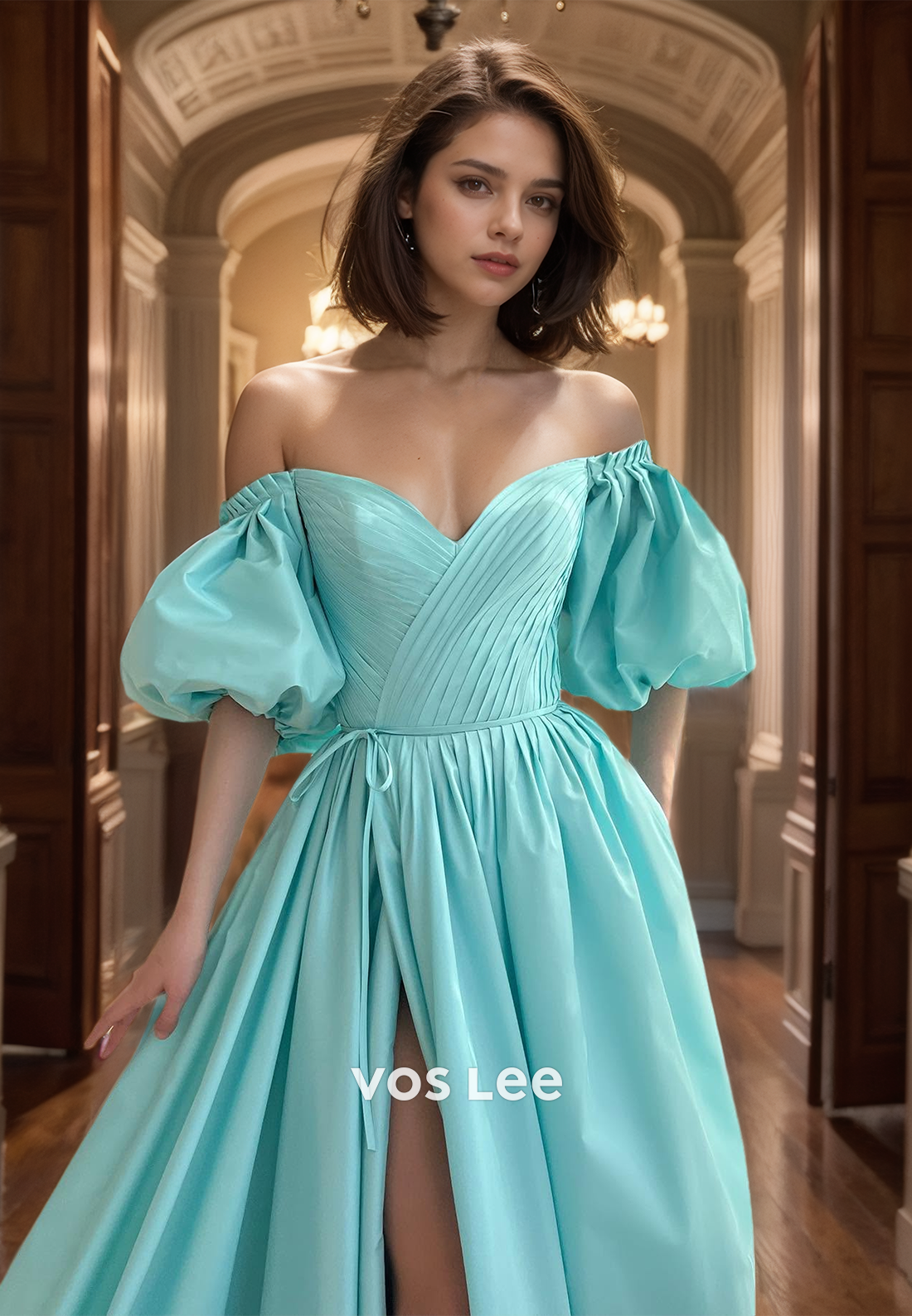 Elegant A-Line Off Shoulder Puff Sleeves Ruched Back Zipper Satin Prom Formal Dress with Split