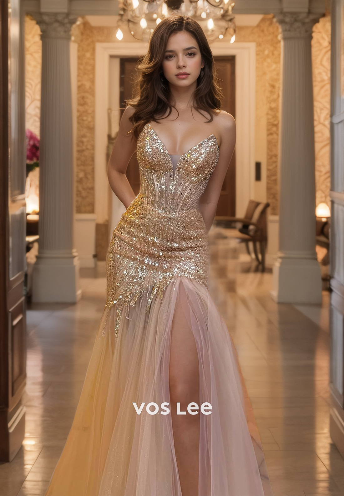 Graceful Deep V Neck Column Side Split Sequins Lace Appliques Tulle Prom Evening Dress Glitter
