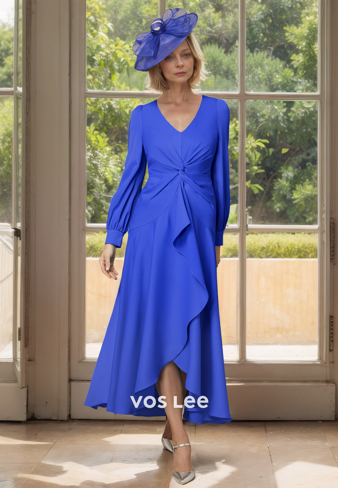 Graceful A-Line V Neck Tea Length Draped Satin Mother of the Evening Dress