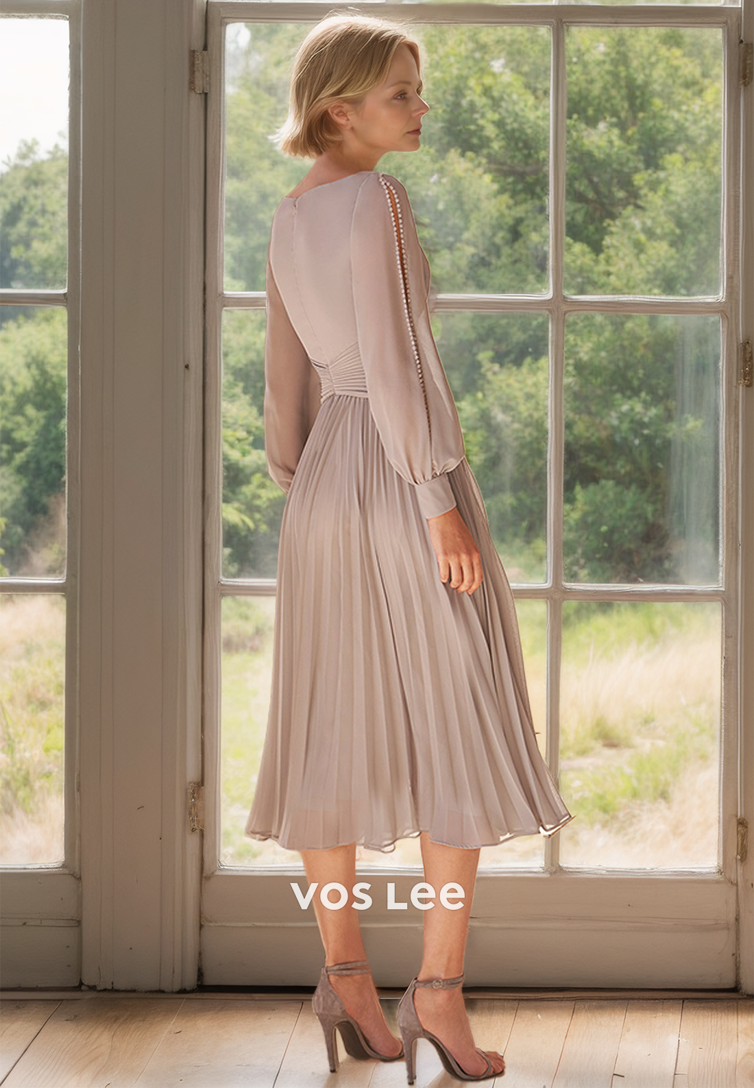 A-Line V Neck Long Sleeves Knee Length Pleated Mother of the Bride Dress