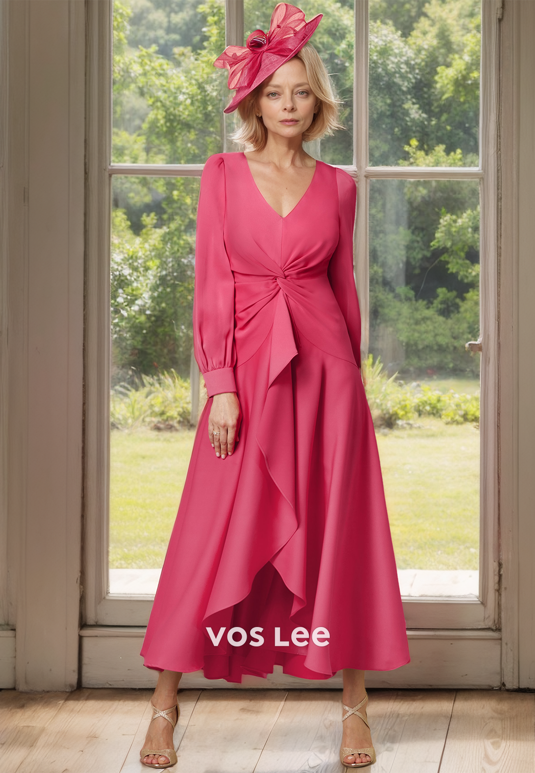 Graceful A-Line V Neck Tea Length Draped Satin Mother of the Evening Dress