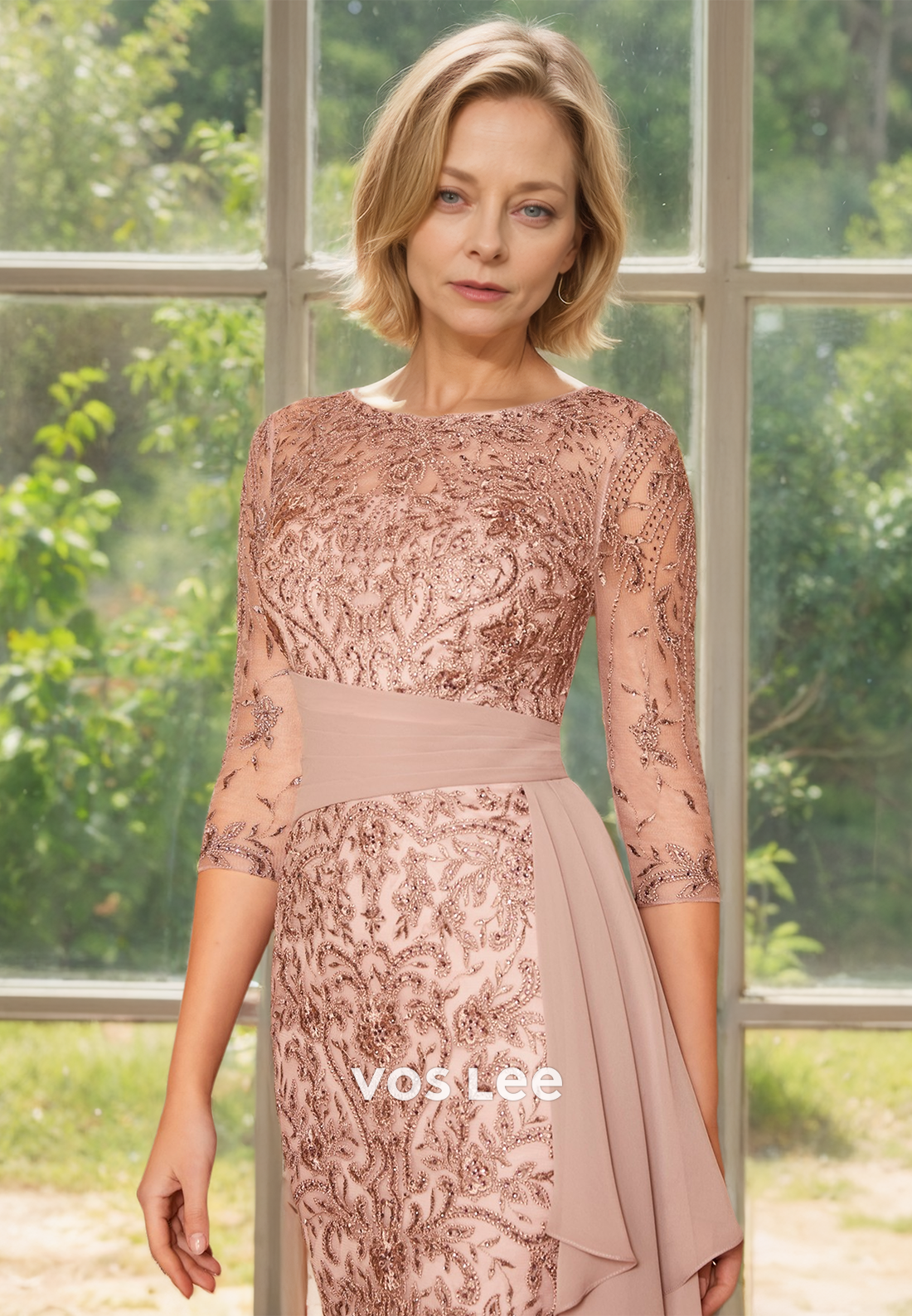 Luxury Bateau Long Sleeves Lace Appliques Knee Length Mother of the Bride Dress