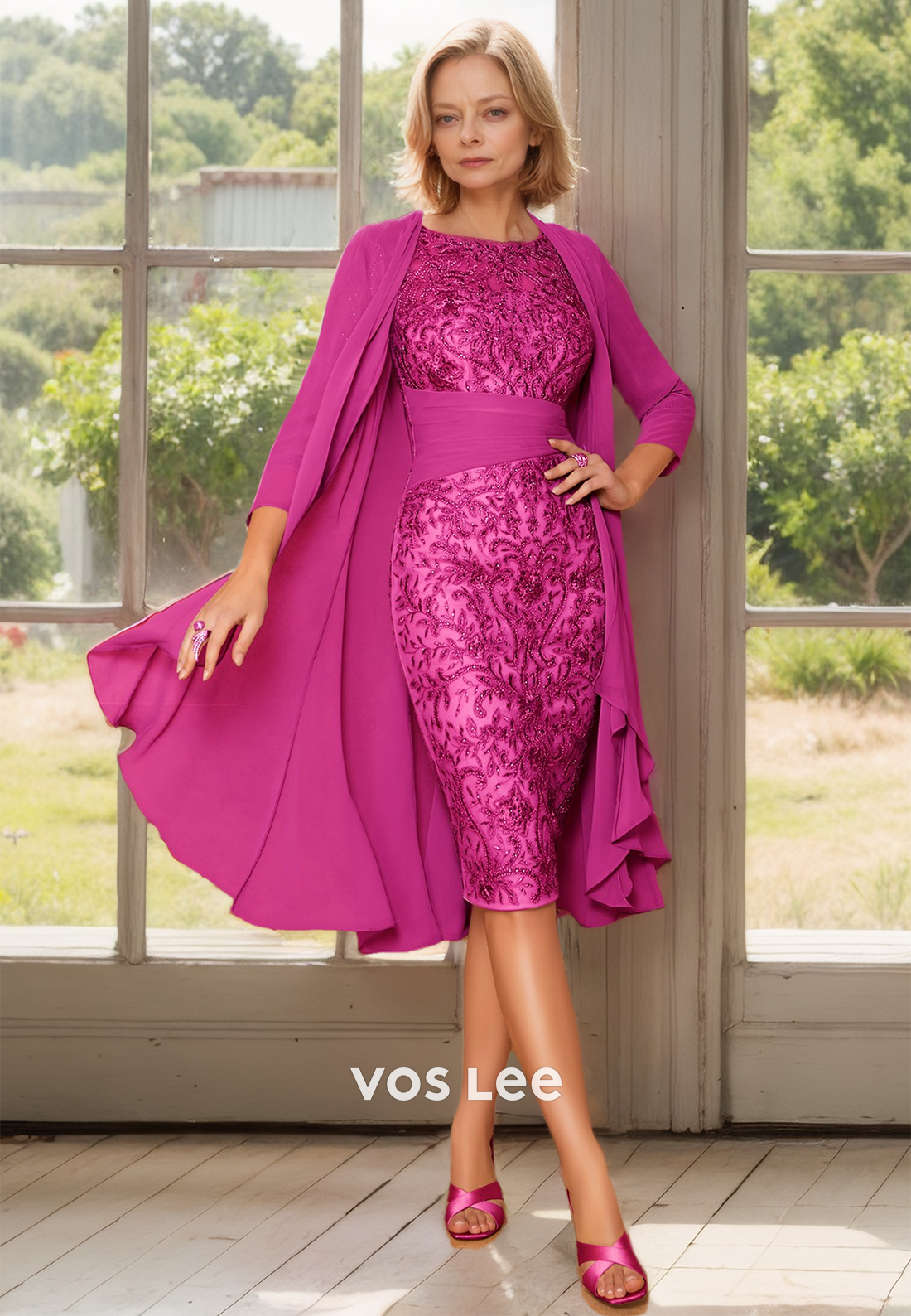 Luxury Bateau Long Sleeves Lace Appliques Knee Length Mother of the Bride Dress