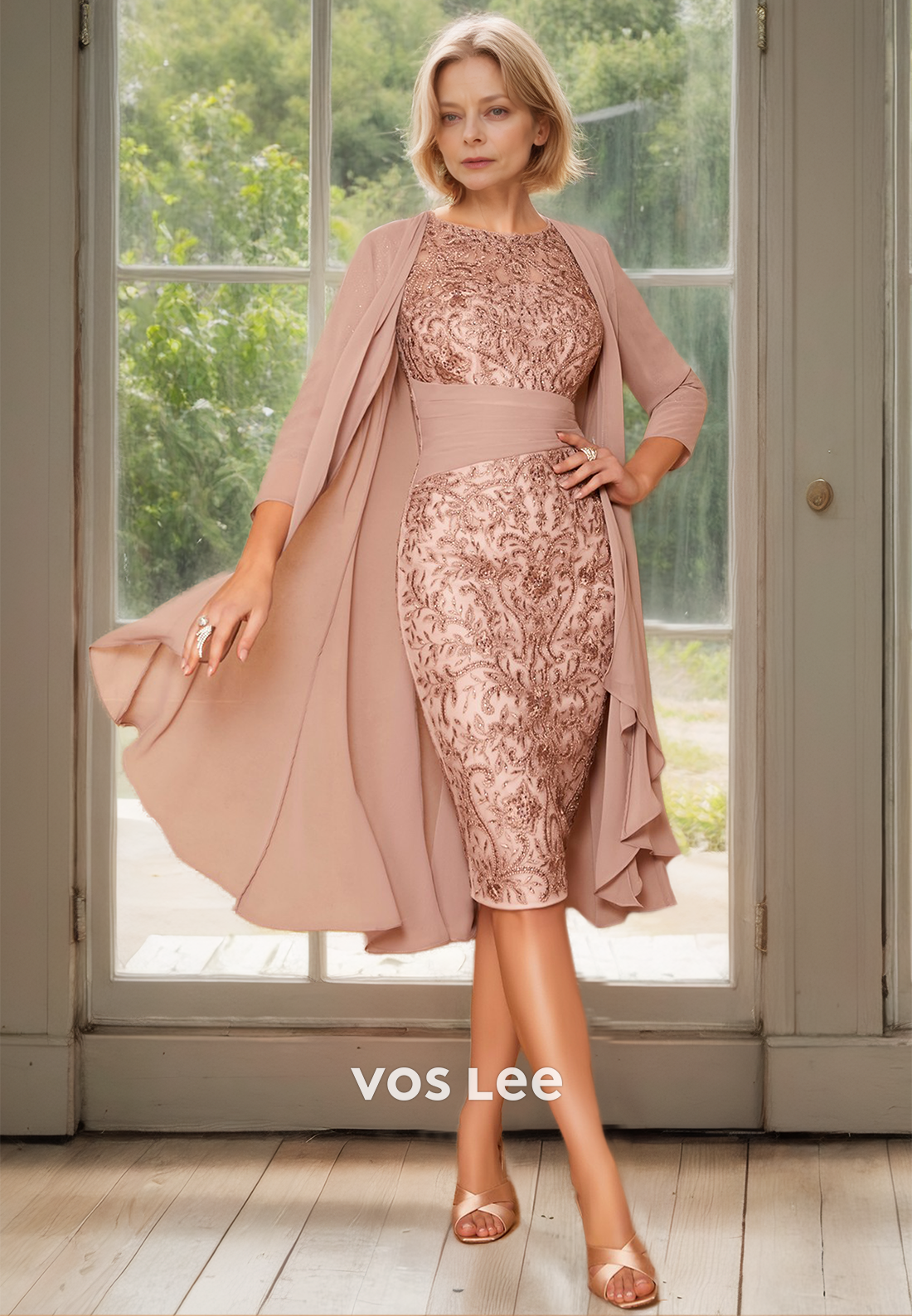 Luxury Bateau Long Sleeves Lace Appliques Knee Length Mother of the Bride Dress