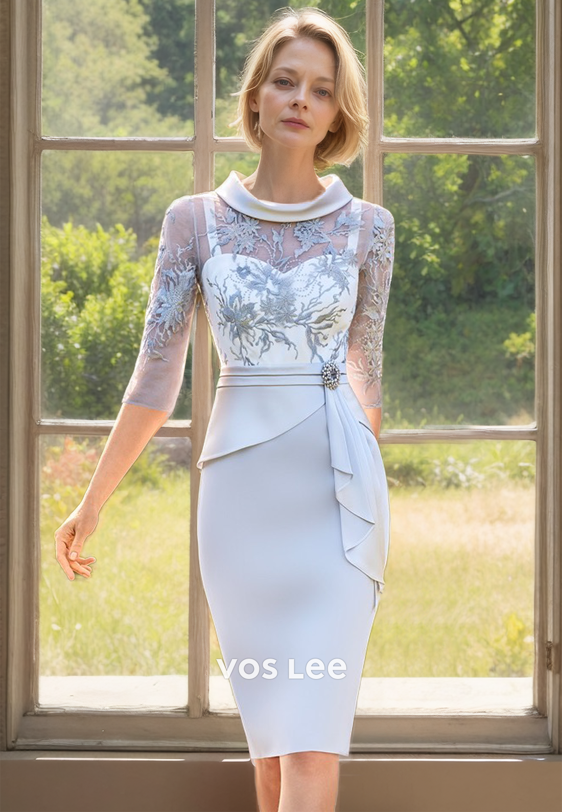 Sheath Scoop Neck Knee Length Lace Appliques Ruffled Mother of the Formal Dress
