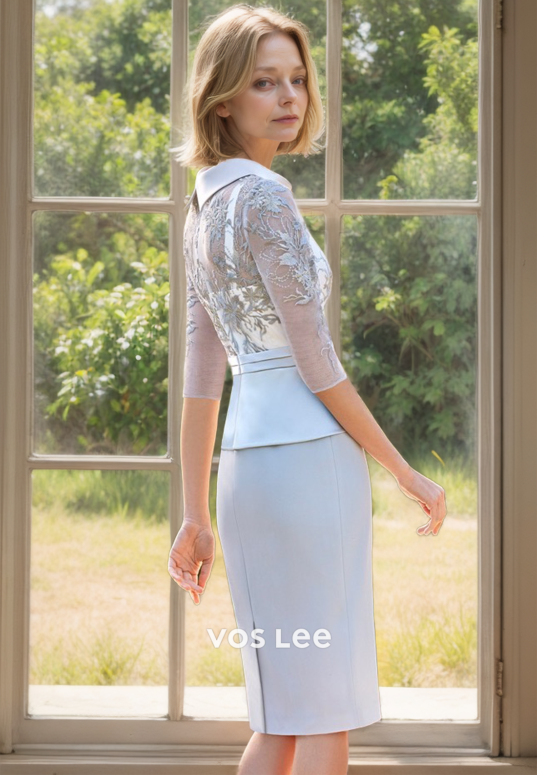 Sheath Scoop Neck Knee Length Lace Appliques Ruffled Mother of the Formal Dress