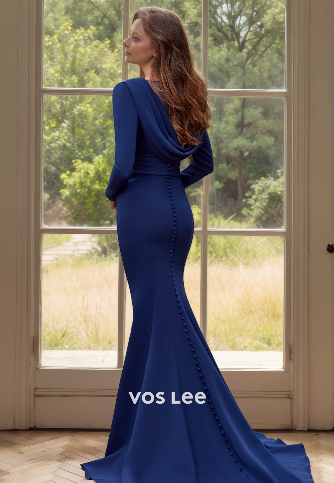 Mermaid V Neck Long Sleeves Sweep Train Column Satin Mother of the Evening Dress
