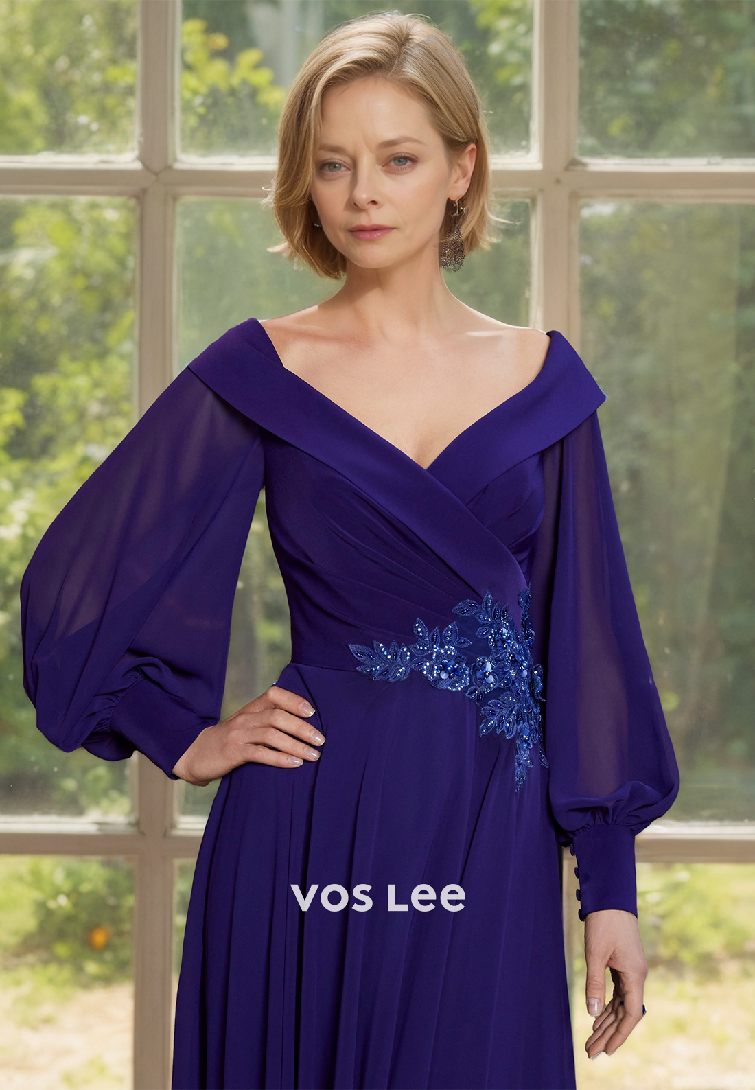 Classy A-Line V Neck Long Sleeves Tea Length Pleated Mother of the Evening Dress