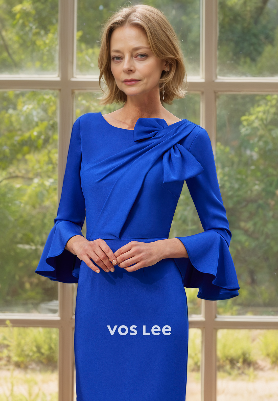 Sheath Royal Blue Scoop Neck Long Sleeves Ruched Satin Mother of the Formal Dress