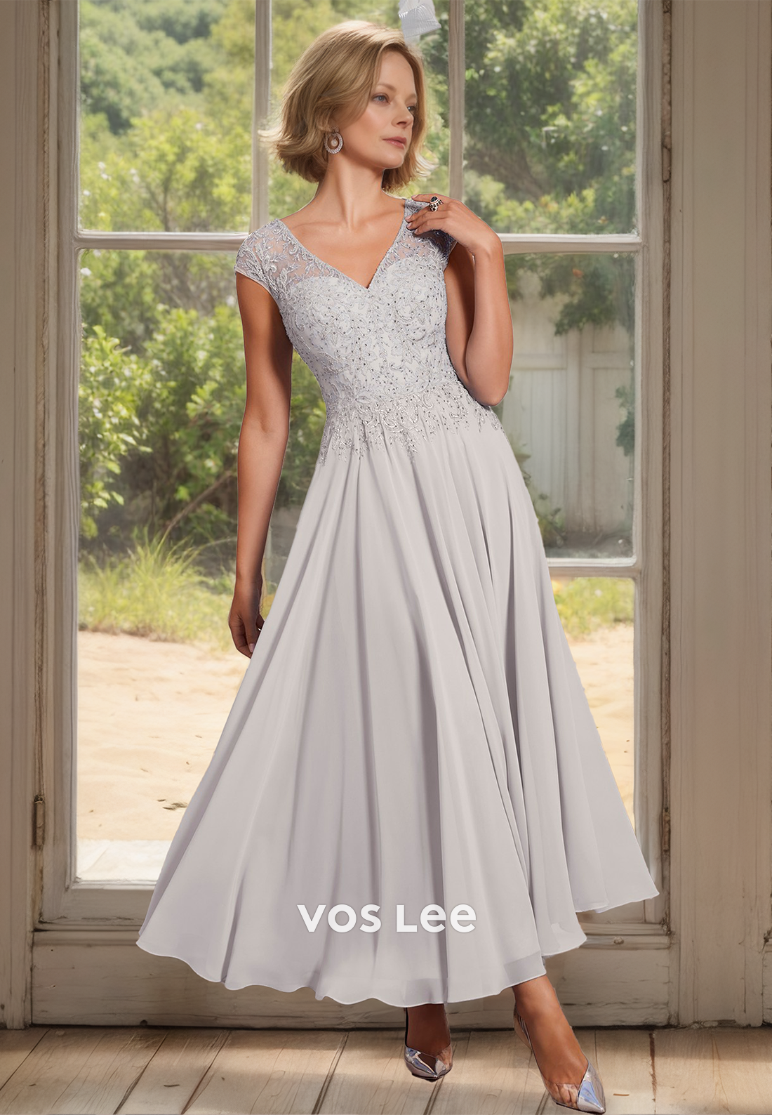 Vintage V Neck Cap Sleeves A-Line Tea Length Pleated Mother of the Formal Dress