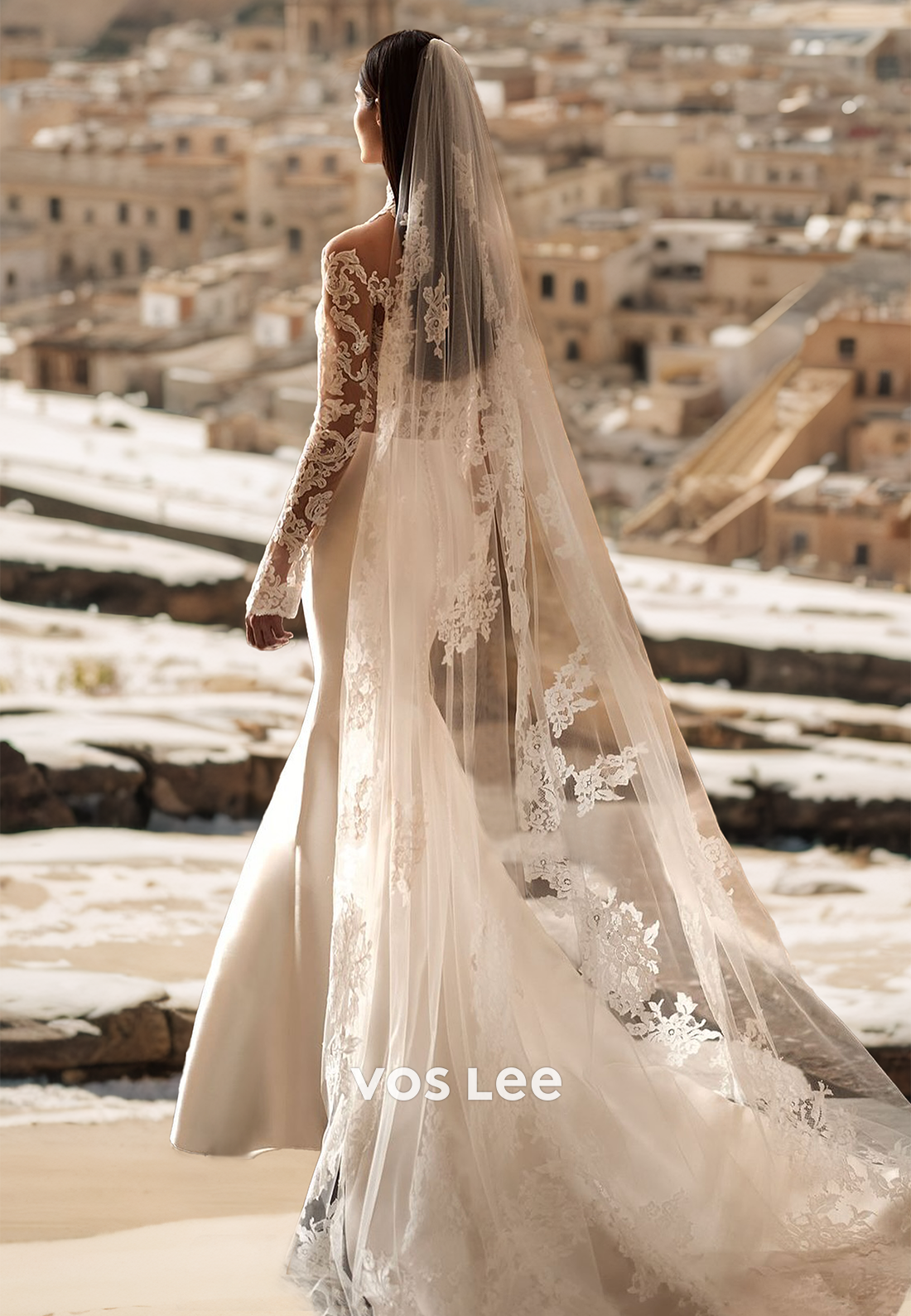 Gorgeous V Neck Illusion Sheath Long Sleeves Lace Appliques Back Zipper Satin Wedding Dress
