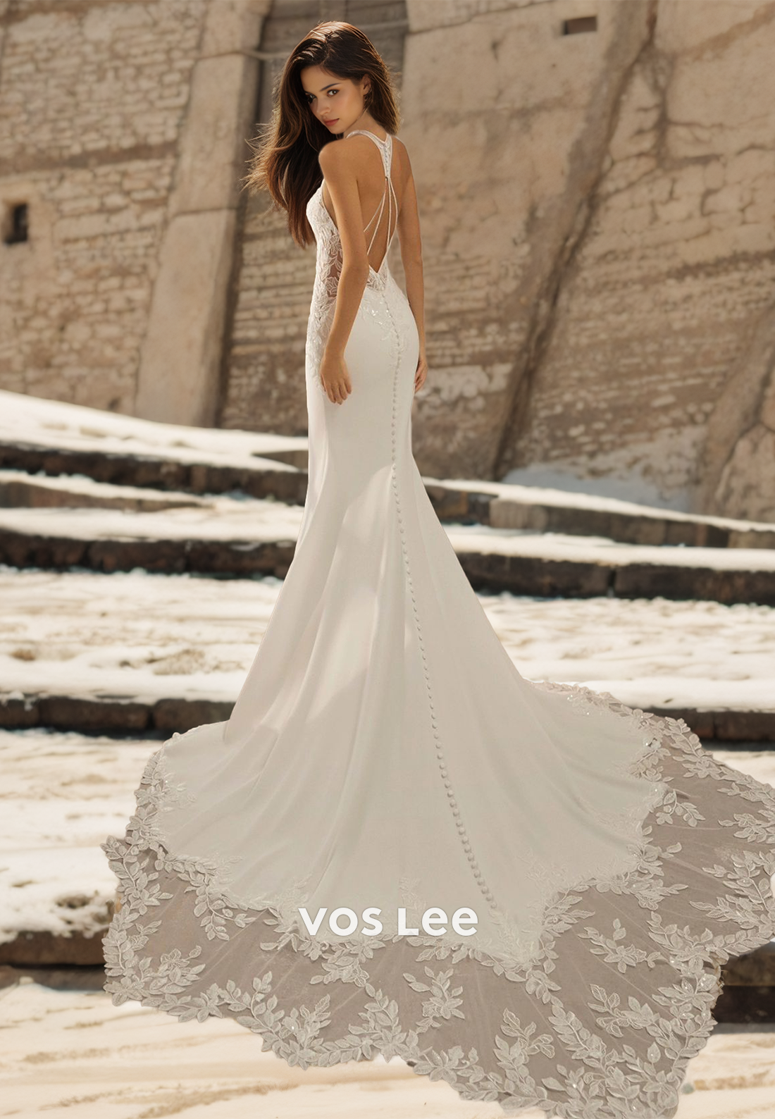 Sexy Mermaid Halter Lace Appliques Lace Up Court Train Ruched Satin Wedding Dress