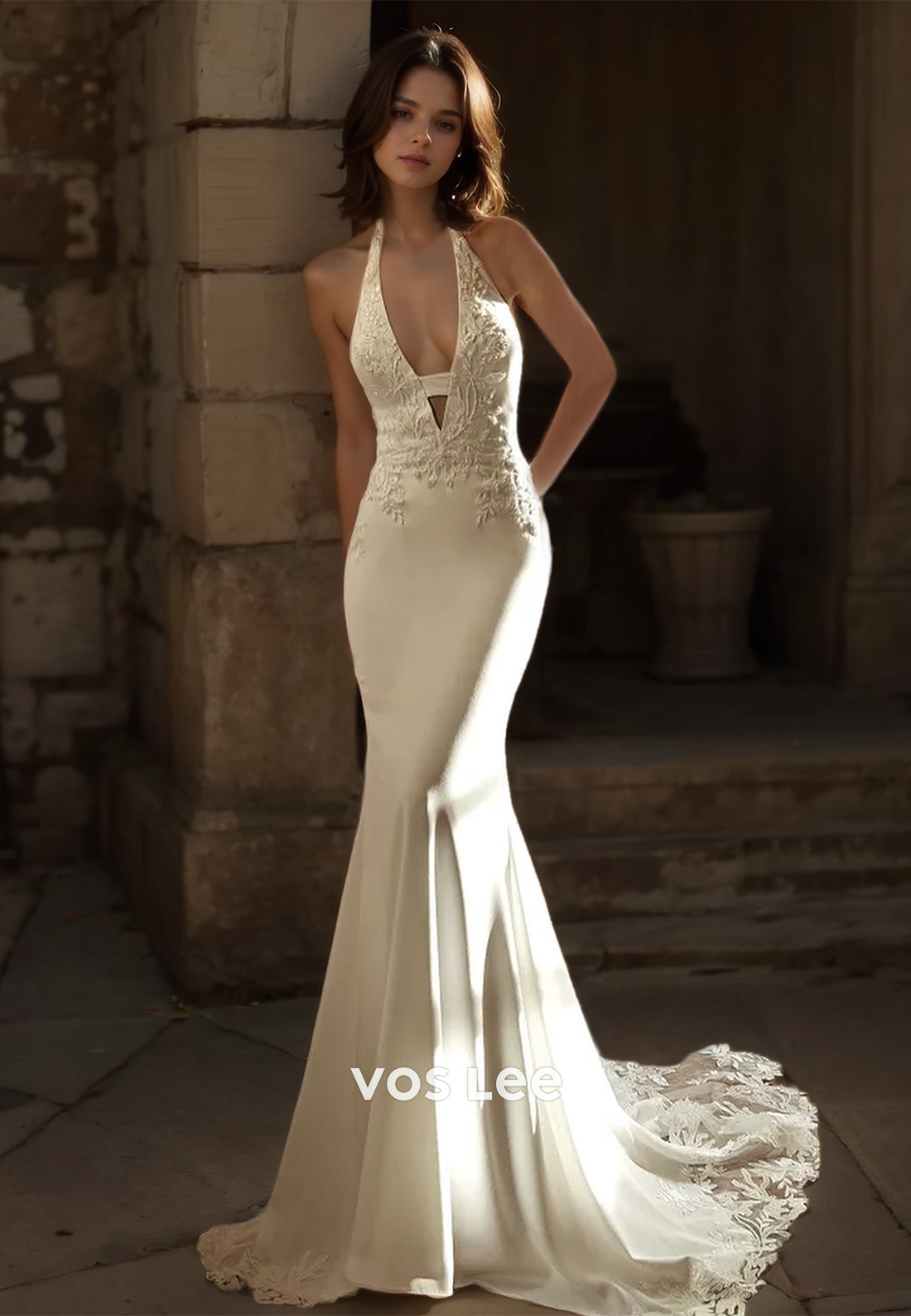 Sexy Deep V Neck Column Court Train Backless Mermaid Lace Appliques Satin Wedding Dress