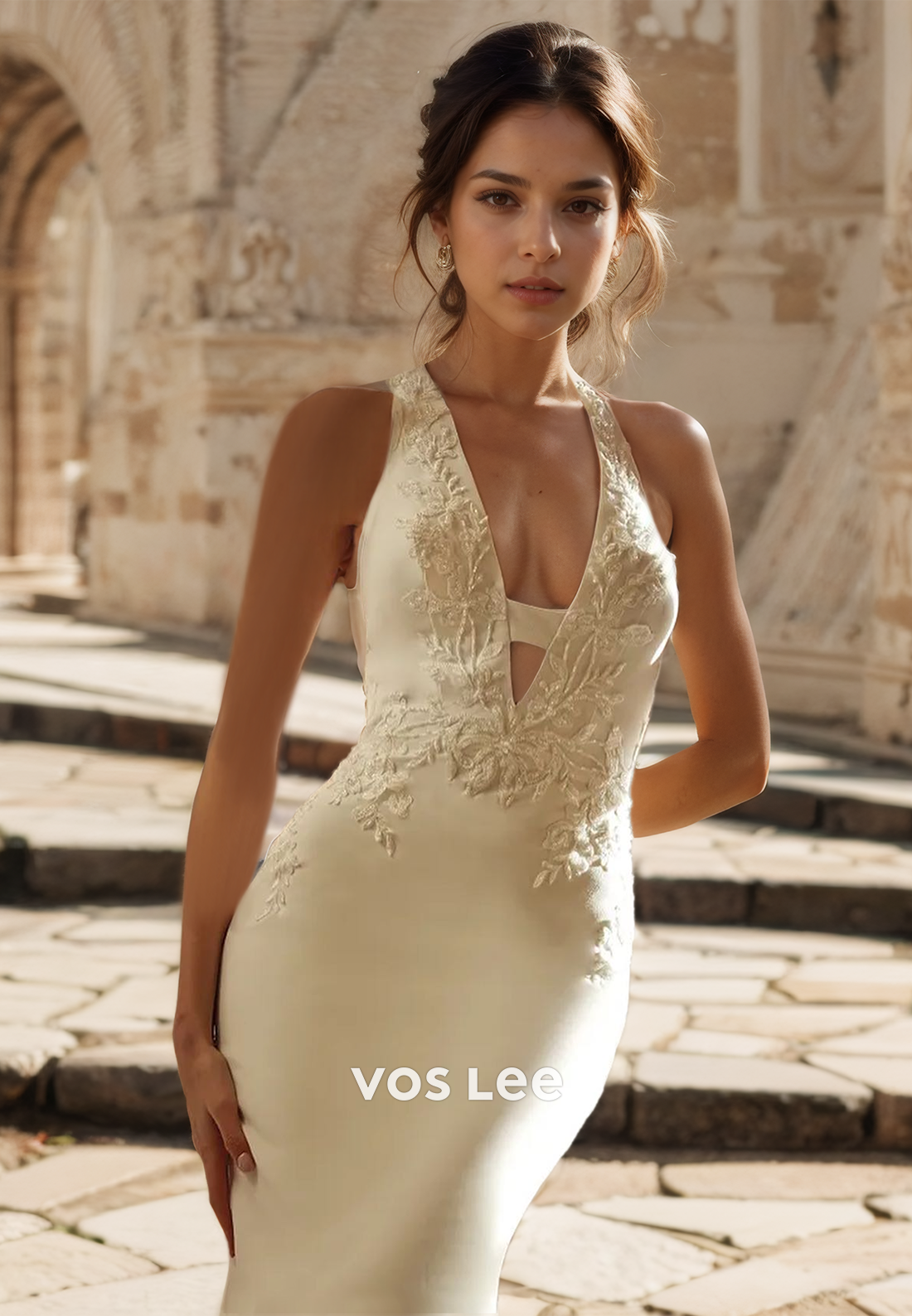 Sexy Deep V Neck Column Court Train Backless Mermaid Lace Appliques Satin Wedding Dress