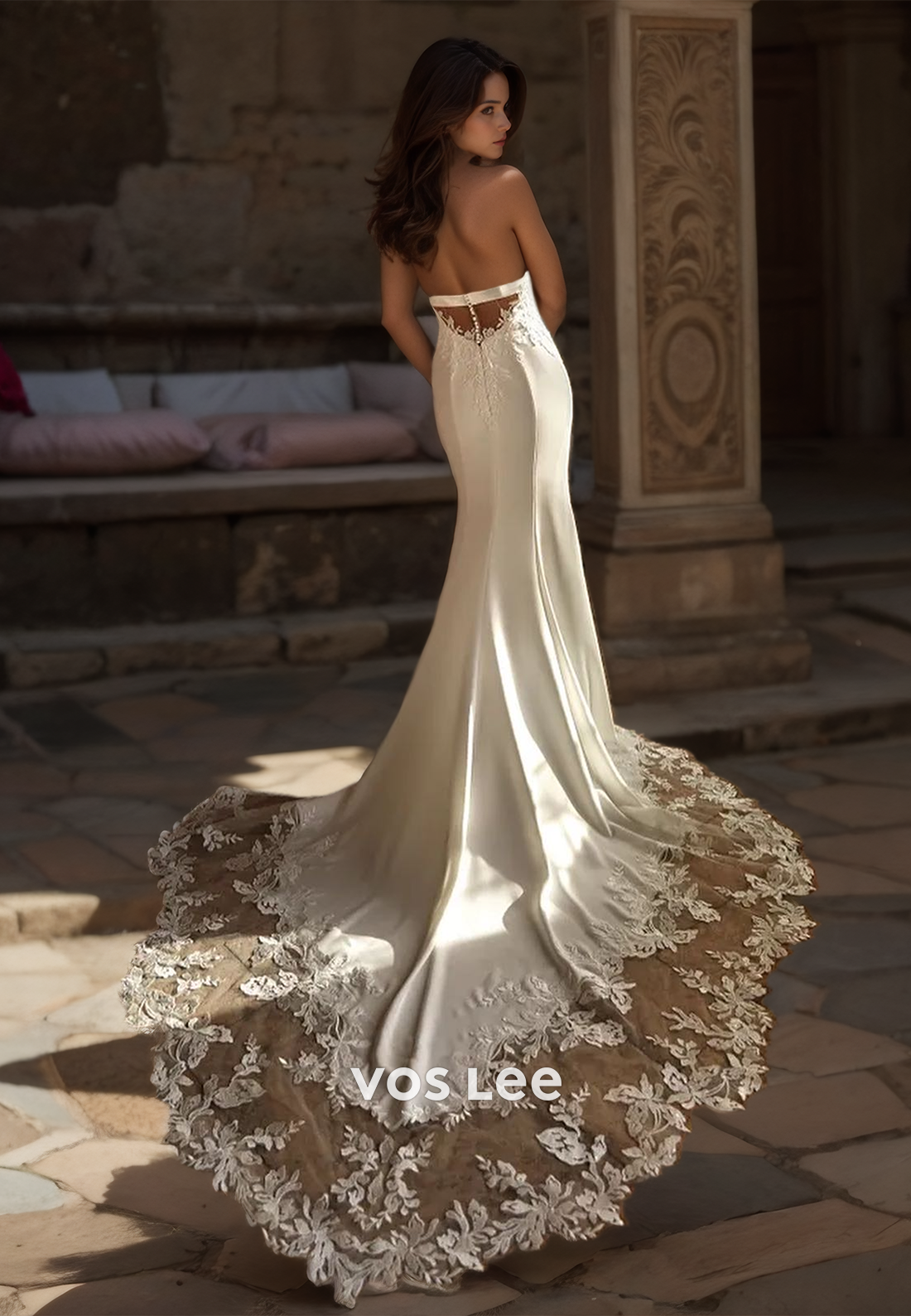 Sexy Deep V Neck Column Court Train Backless Mermaid Lace Appliques Satin Wedding Dress