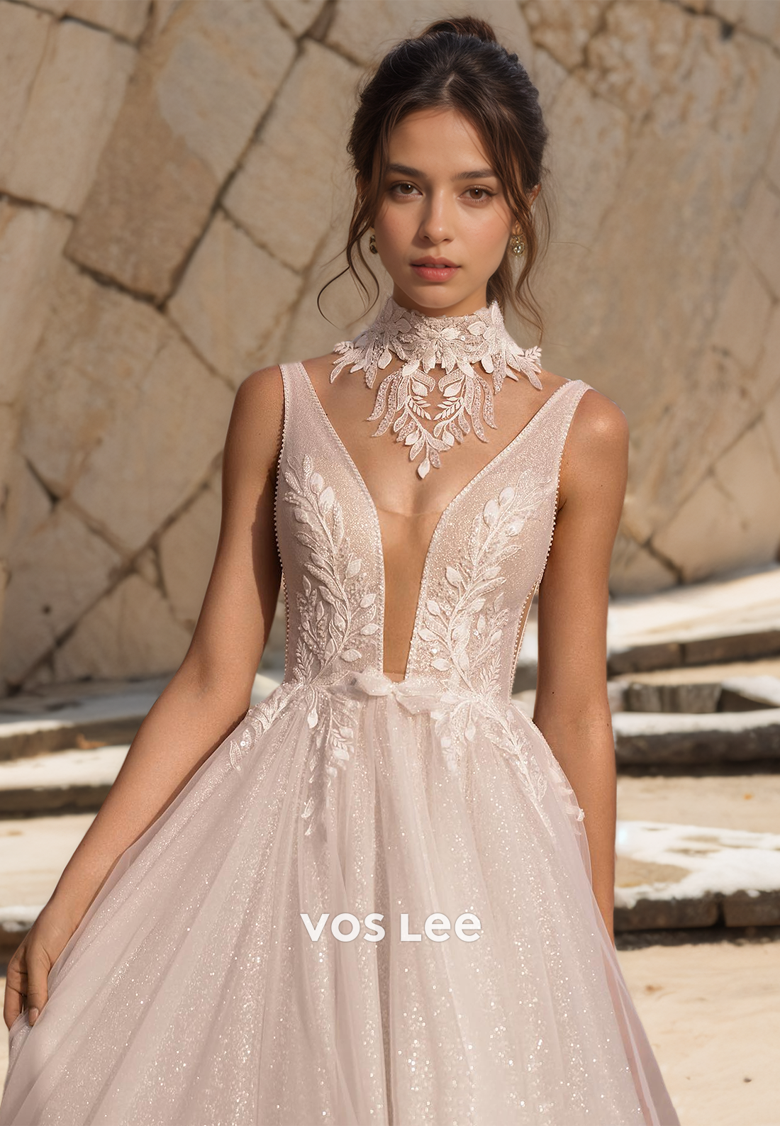 Unique Deep V Neck Illusion A-Line Sleeveless Lace Appliques Sequins Pleated Tulle Wedding Dress