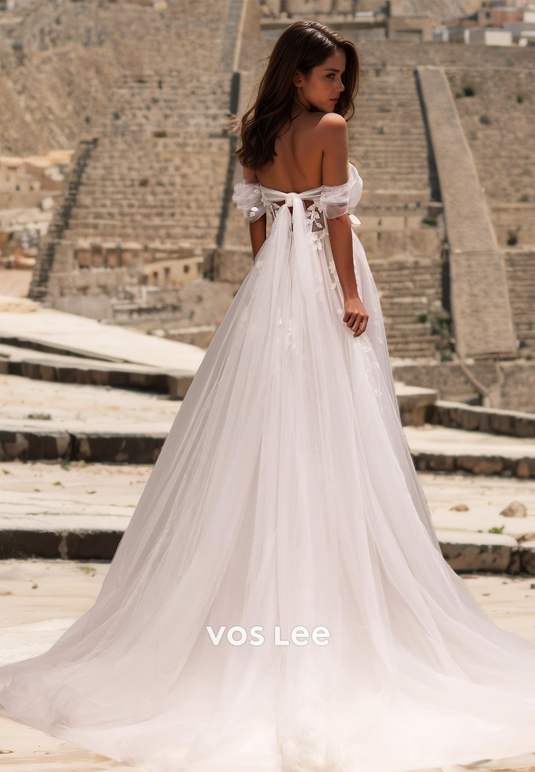 Charming A-Line Off Shoulder Backless Court Train Lace Appliques Tulle Wedding Dress with Split