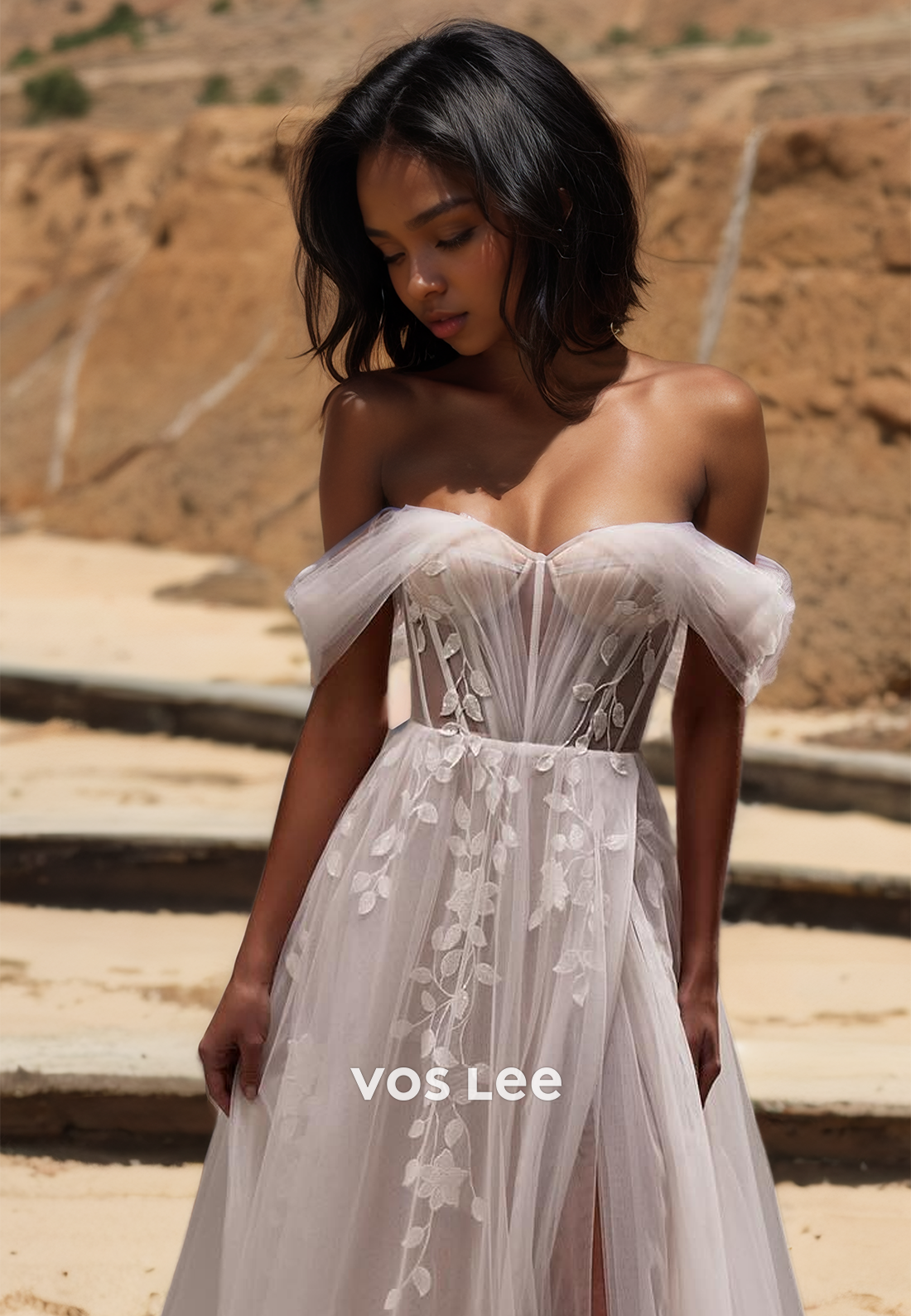 Charming A-Line Off Shoulder Backless Court Train Lace Appliques Tulle Wedding Dress with Split