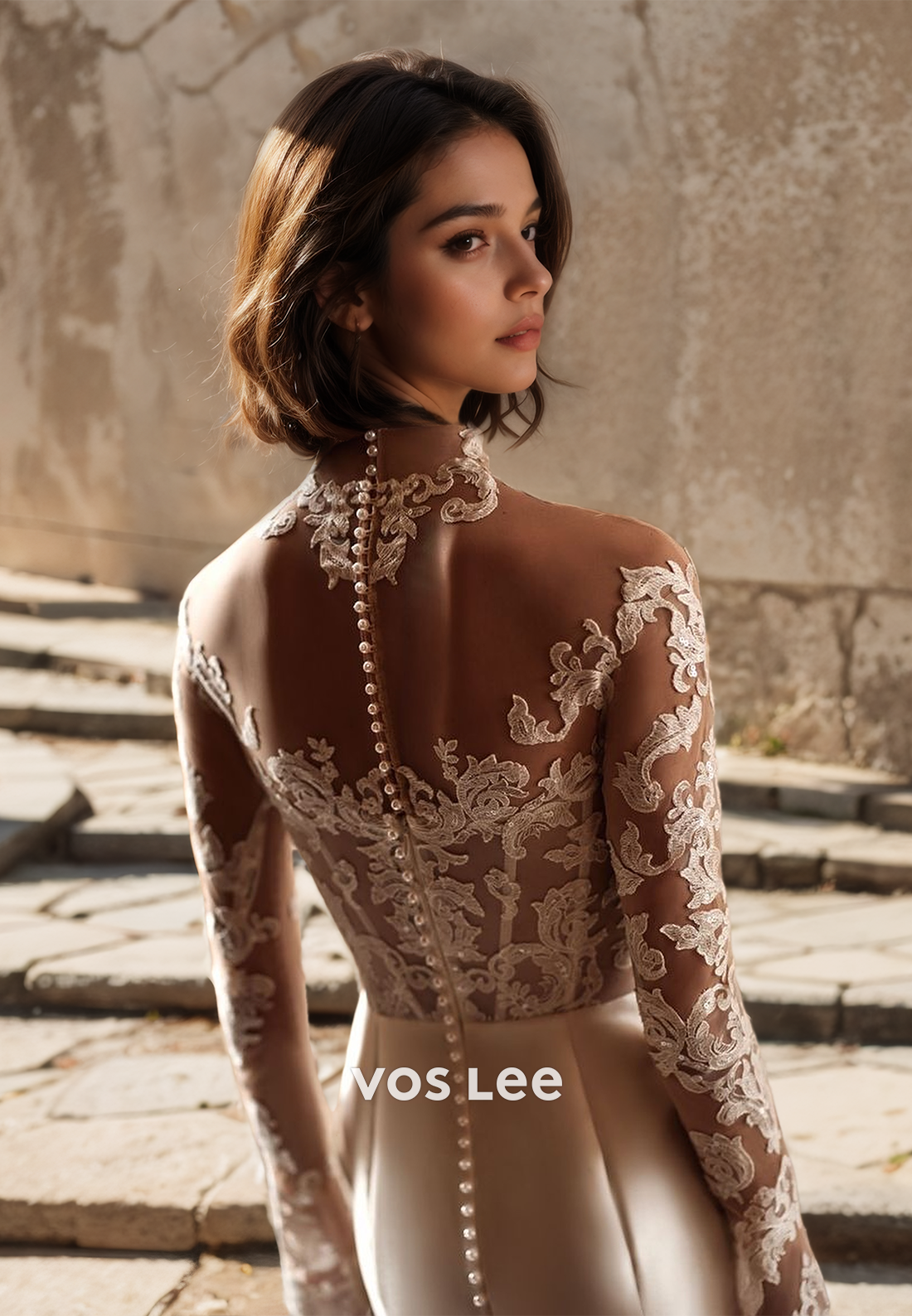 Gorgeous V Neck Illusion Sheath Long Sleeves Lace Appliques Back Zipper Satin Wedding Dress