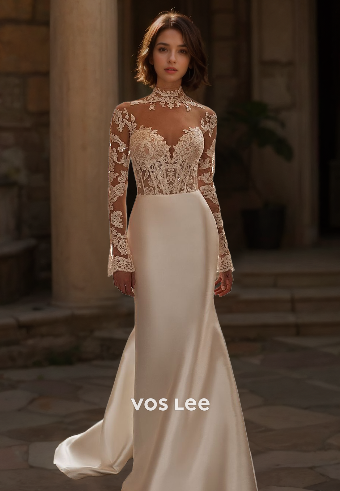 Gorgeous V Neck Illusion Sheath Long Sleeves Lace Appliques Back Zipper Satin Wedding Dress