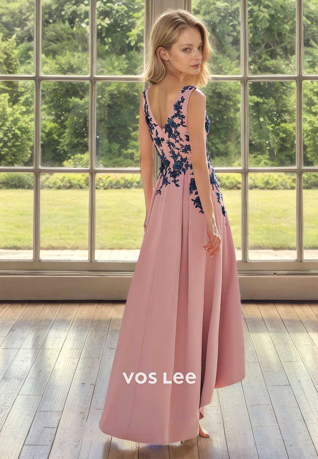 Graceful A-Line V Neck High Low Sleeveless Satin Mother of the Bride Dress