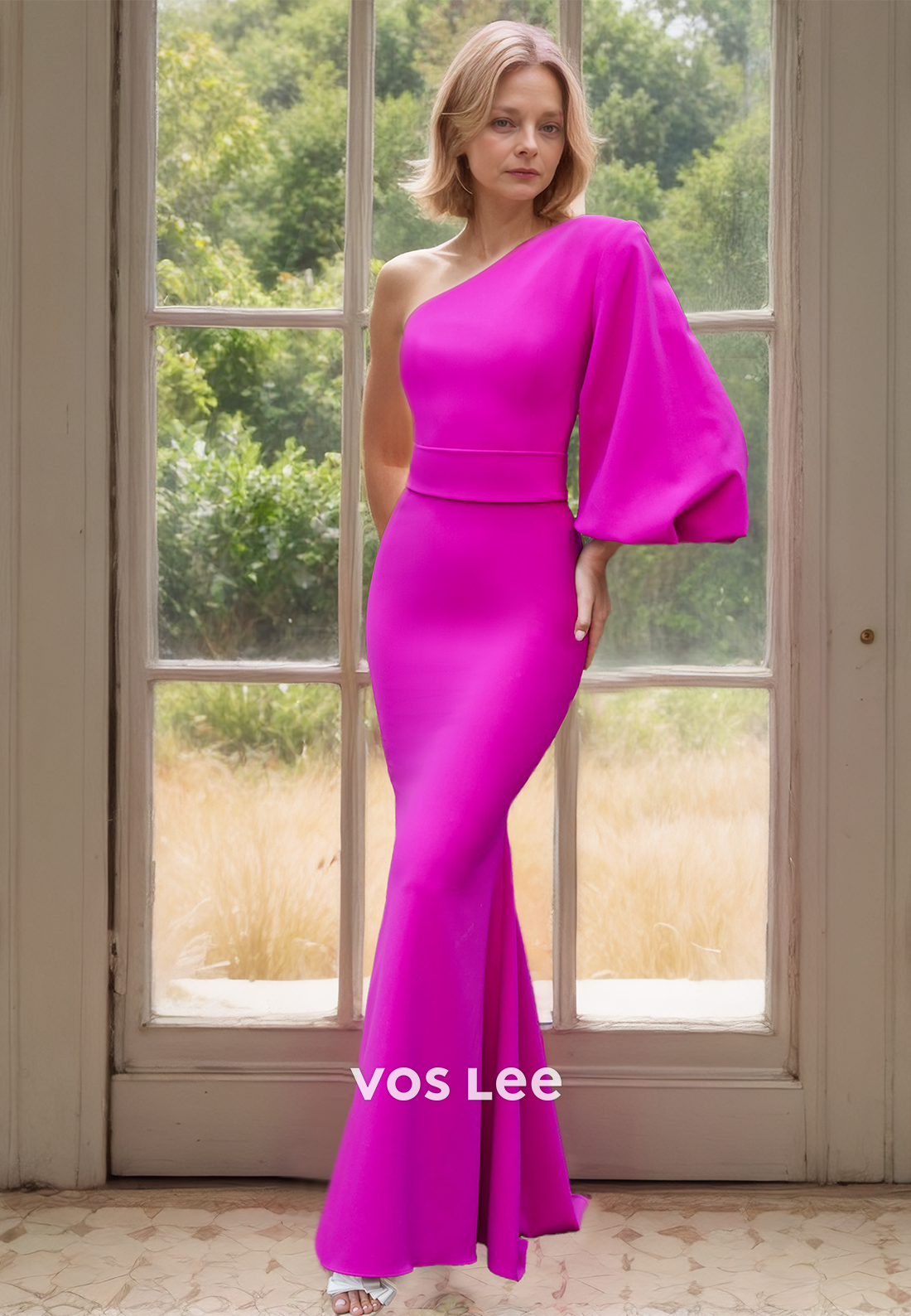 Column One Shoulder Back Zipper Floor Length Draped Mother of the Party Dress
