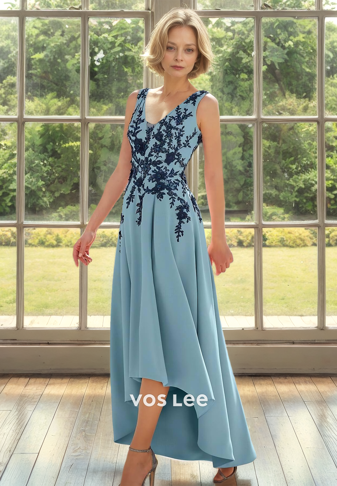 Graceful A-Line V Neck High Low Sleeveless Satin Mother of the Bride Dress