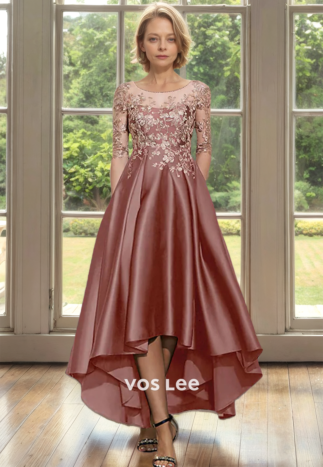 pleated high low dress Gorgeous A-Line Scoop Neck Long Sleeves Pleated High Low Mother of the Bride Dress