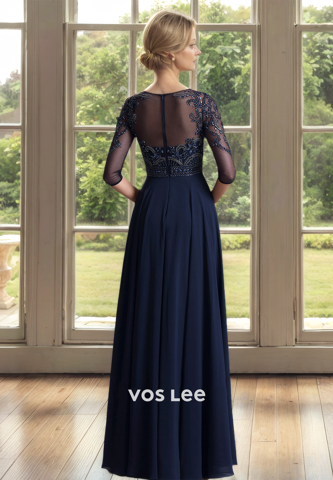 Ornate A-Line Bateau Half Sleeves Illusion Pleated Floor Length Mother of the Formal Dress