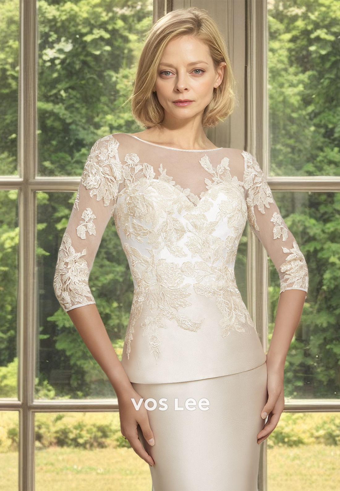 Bateau Sheath Half Sleeves Knee Length Lace Appliques Mother of the Formal Dress