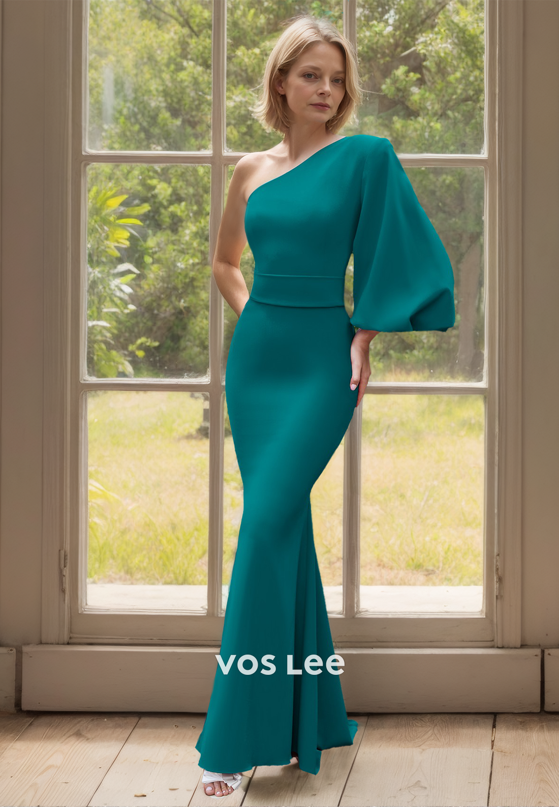 Column One Shoulder Back Zipper Floor Length Draped Mother of the Party Dress