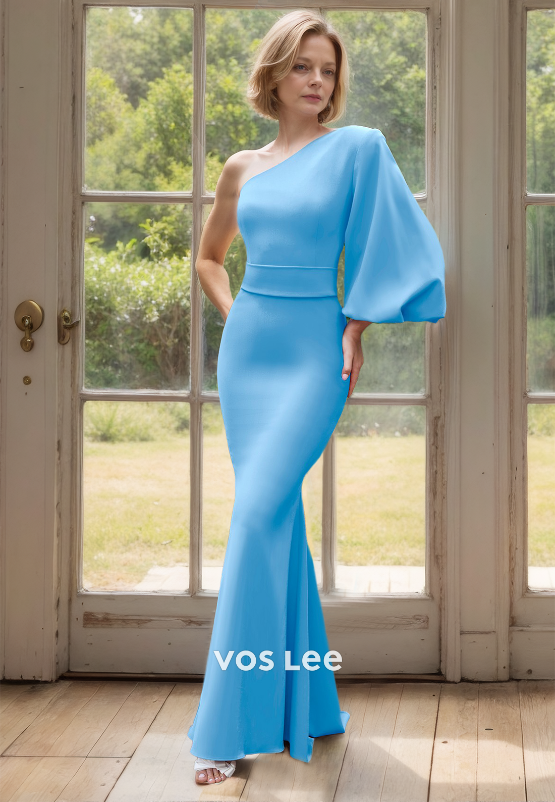 Column One Shoulder Back Zipper Floor Length Draped Mother of the Party Dress