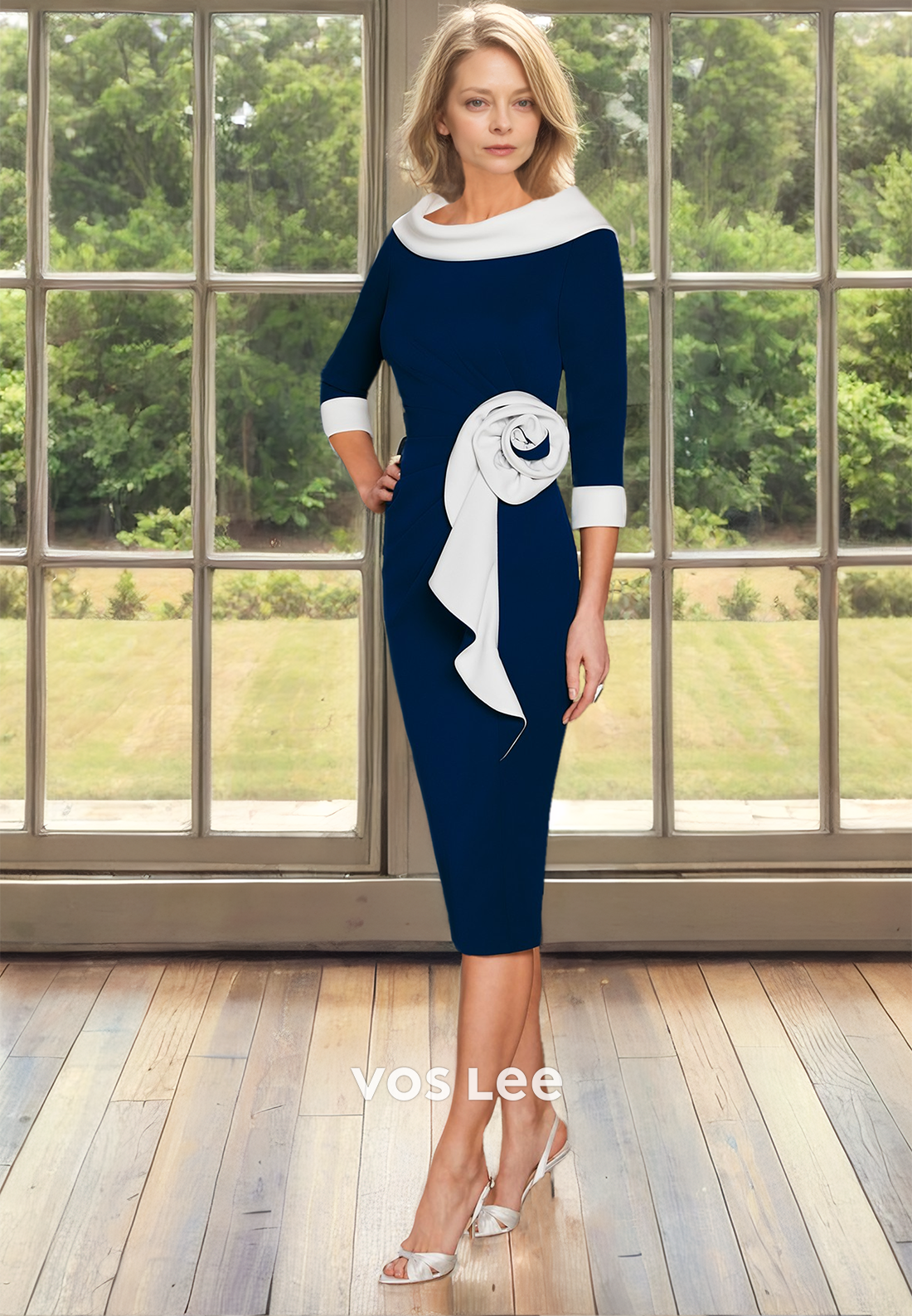 Modest Column Scoop Neck Floral Embossed Draped Satin Mother of the Formal Dress