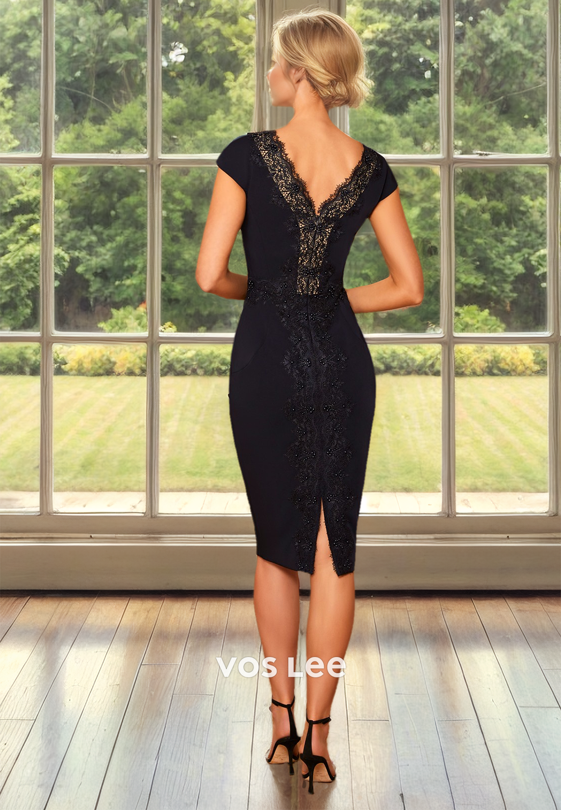Unique Sheath V Neck Lace Appliques Knee Length Sequins Mother of the Evening Dress