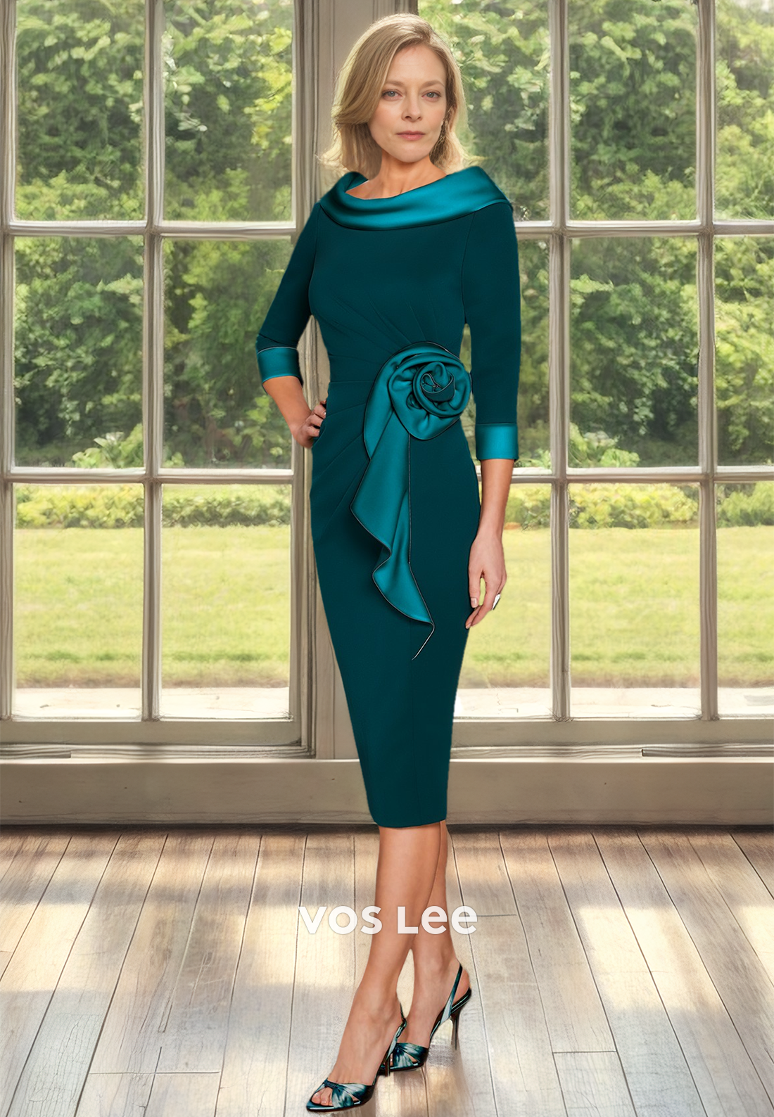 Modest Column Scoop Neck Floral Embossed Draped Satin Mother of the Formal Dress