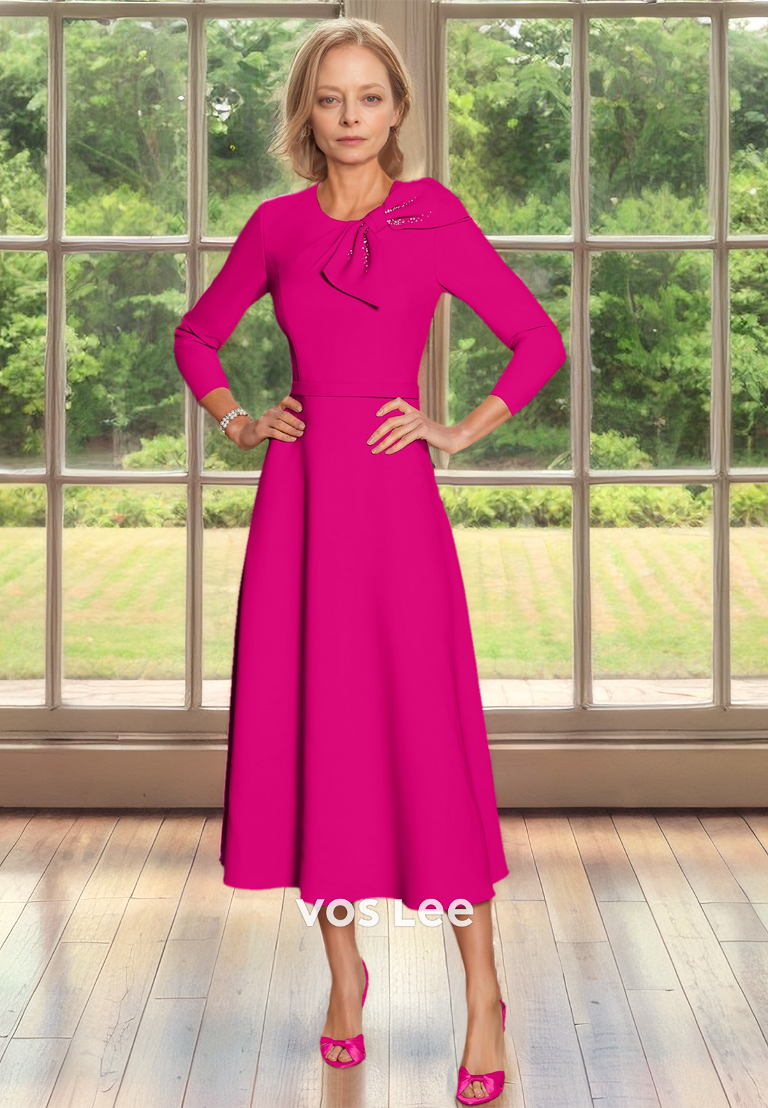 Charming Scoop Neck Long Sleeves Bow Tea Length Ruched Mother of the Bride Dress