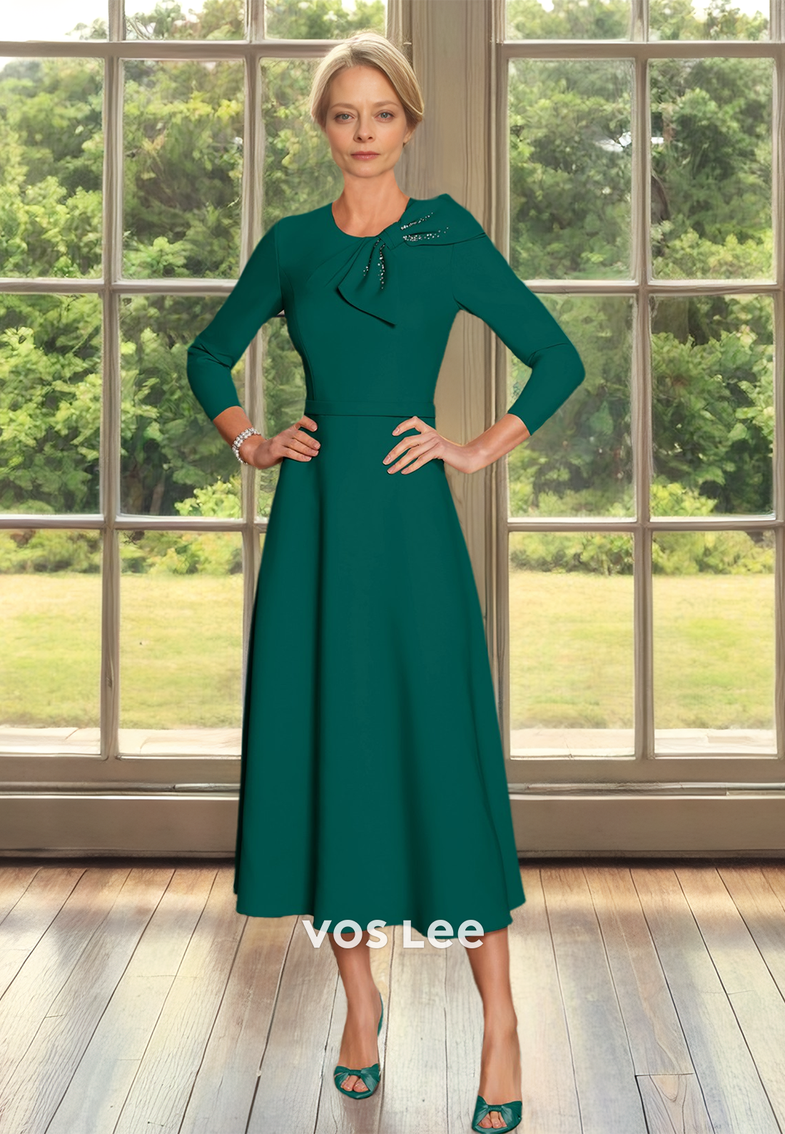 Charming Scoop Neck Long Sleeves Bow Tea Length Ruched Mother of the Bride Dress