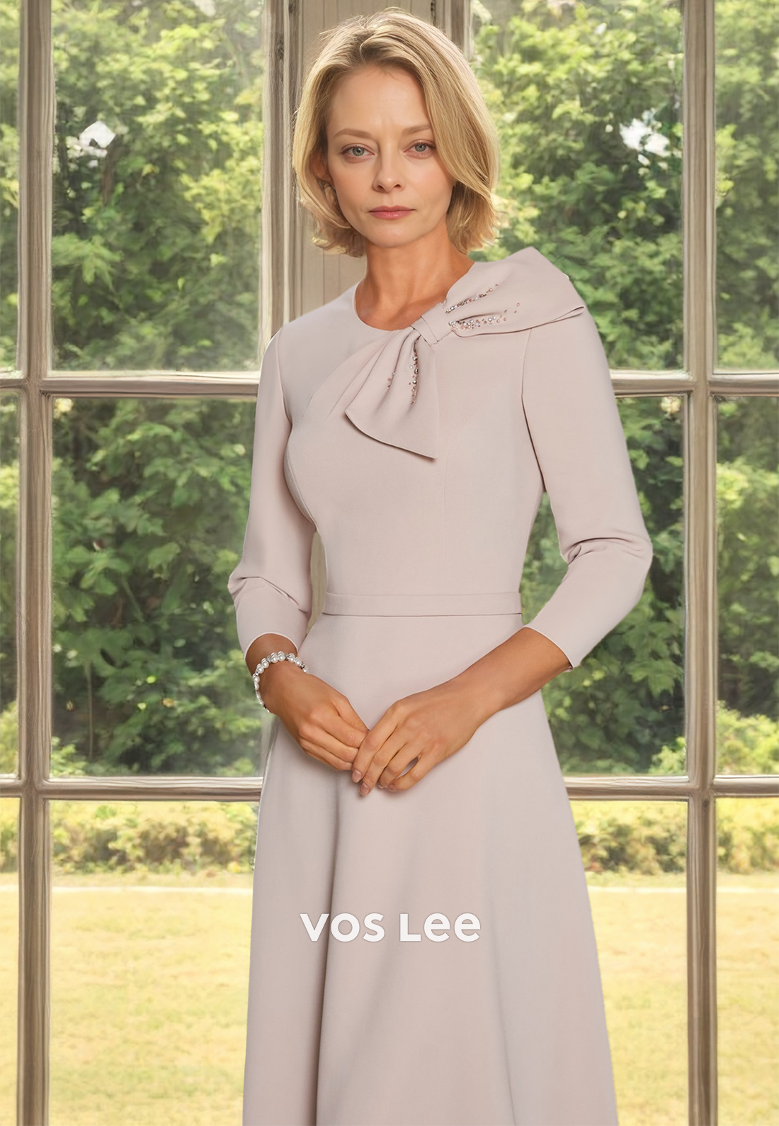 Charming Scoop Neck Long Sleeves Bow Tea Length Ruched Mother of the Bride Dress